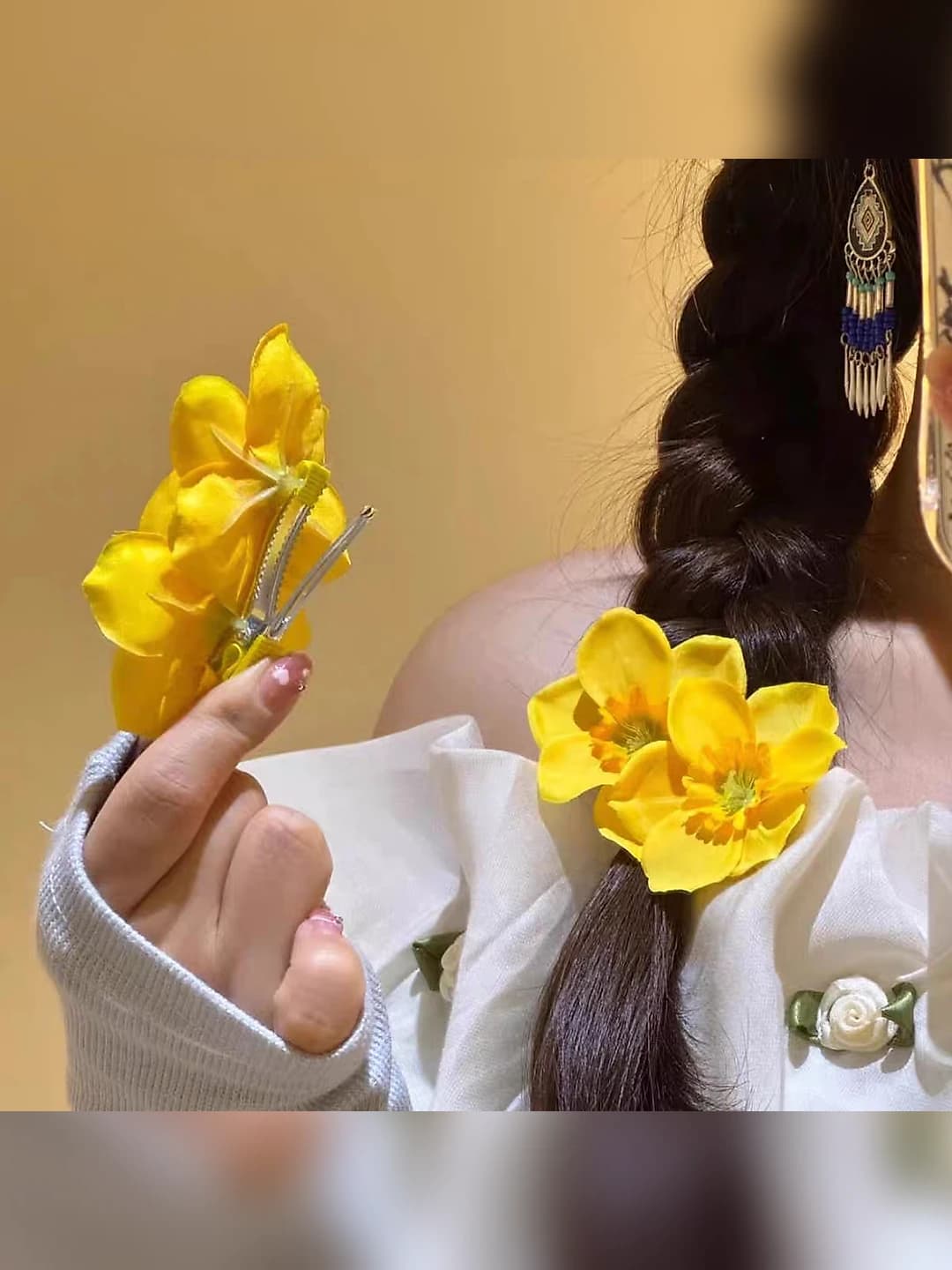 Yellow artificial double flower clip - 8 cm