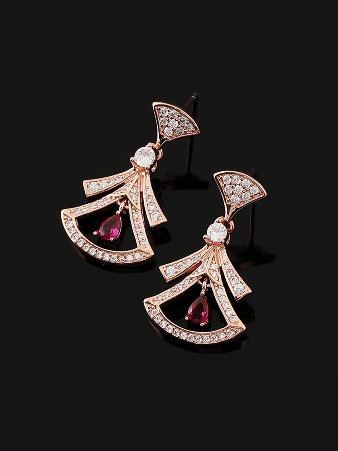 Women's fan-shaped zircon earrings, copper, no piercing