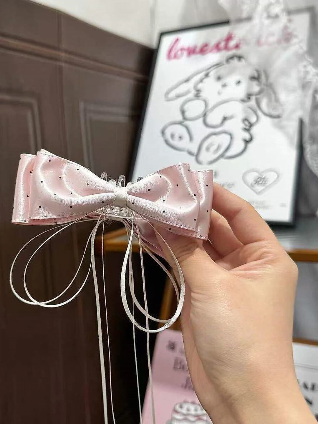 1# Dreamy polka dot banana clip approx 10 cm - pink / ribbon approx 40 cm