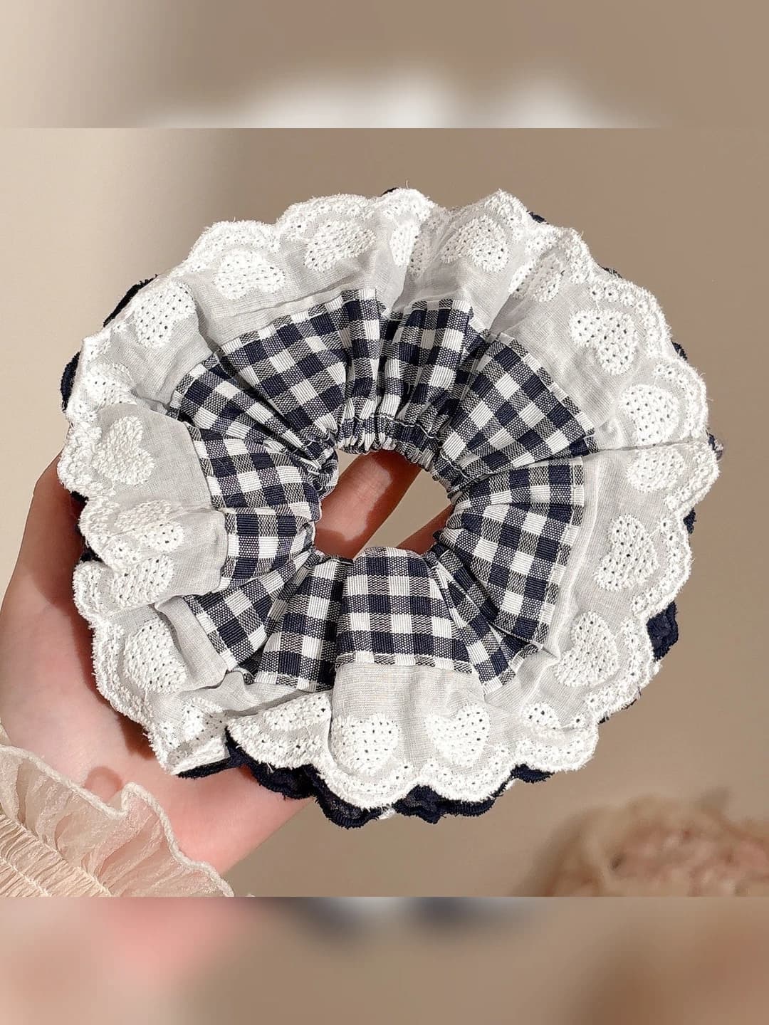 1# Navy small check, heart, lace, 16 cm