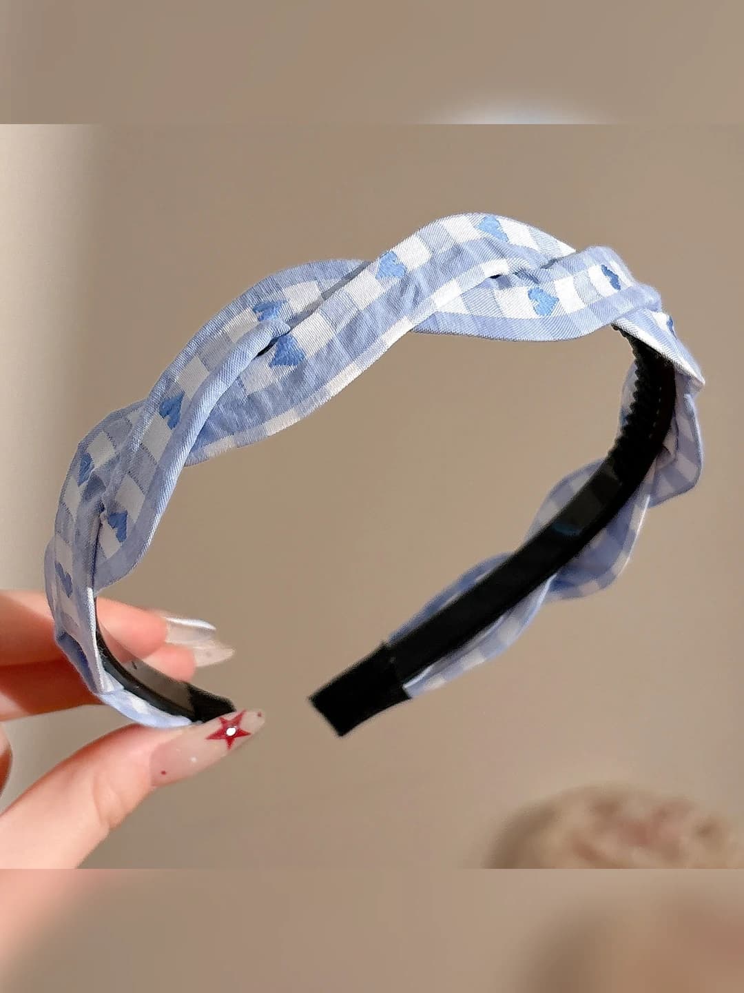 7# Blue plaid heart headband