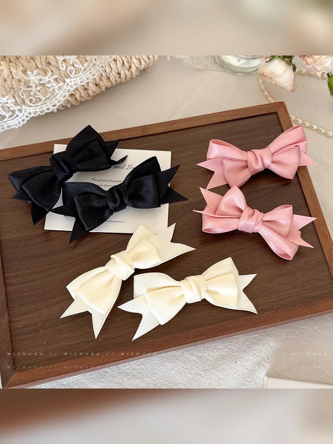 Satin bow hair clip for women, preppy style, retro, spring, side clip