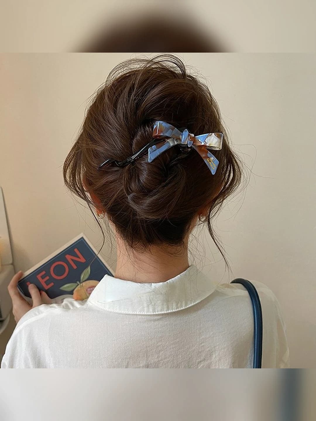 Blue-coffee bow clip, 13 cm