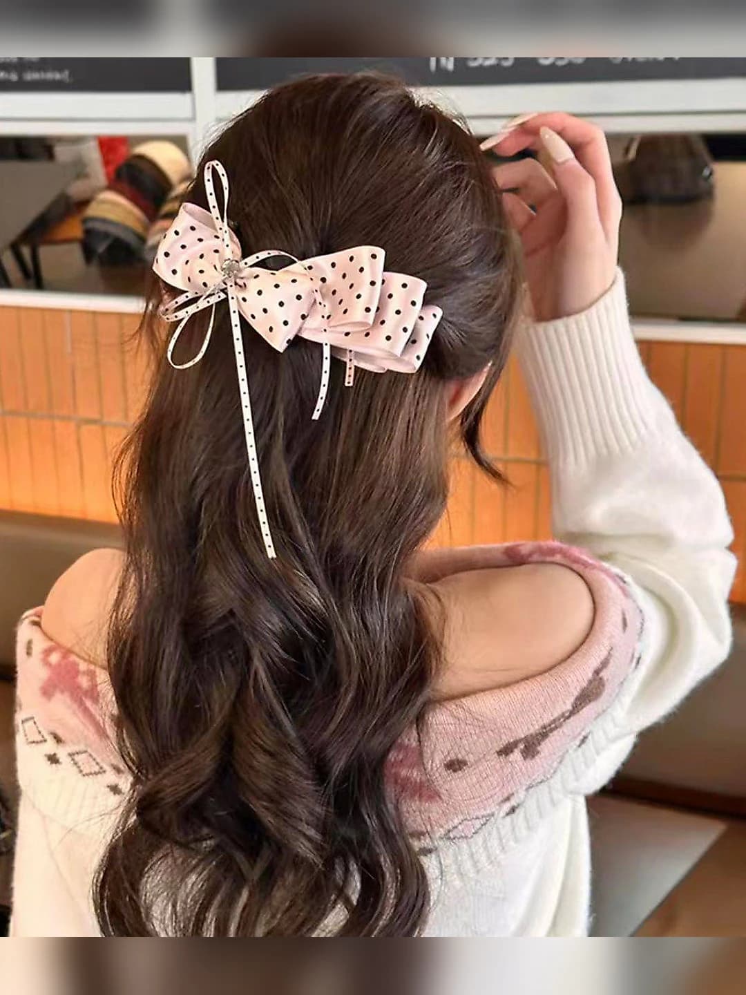 Pink polka dot banana clip ~13 cm, bow ~16 cm