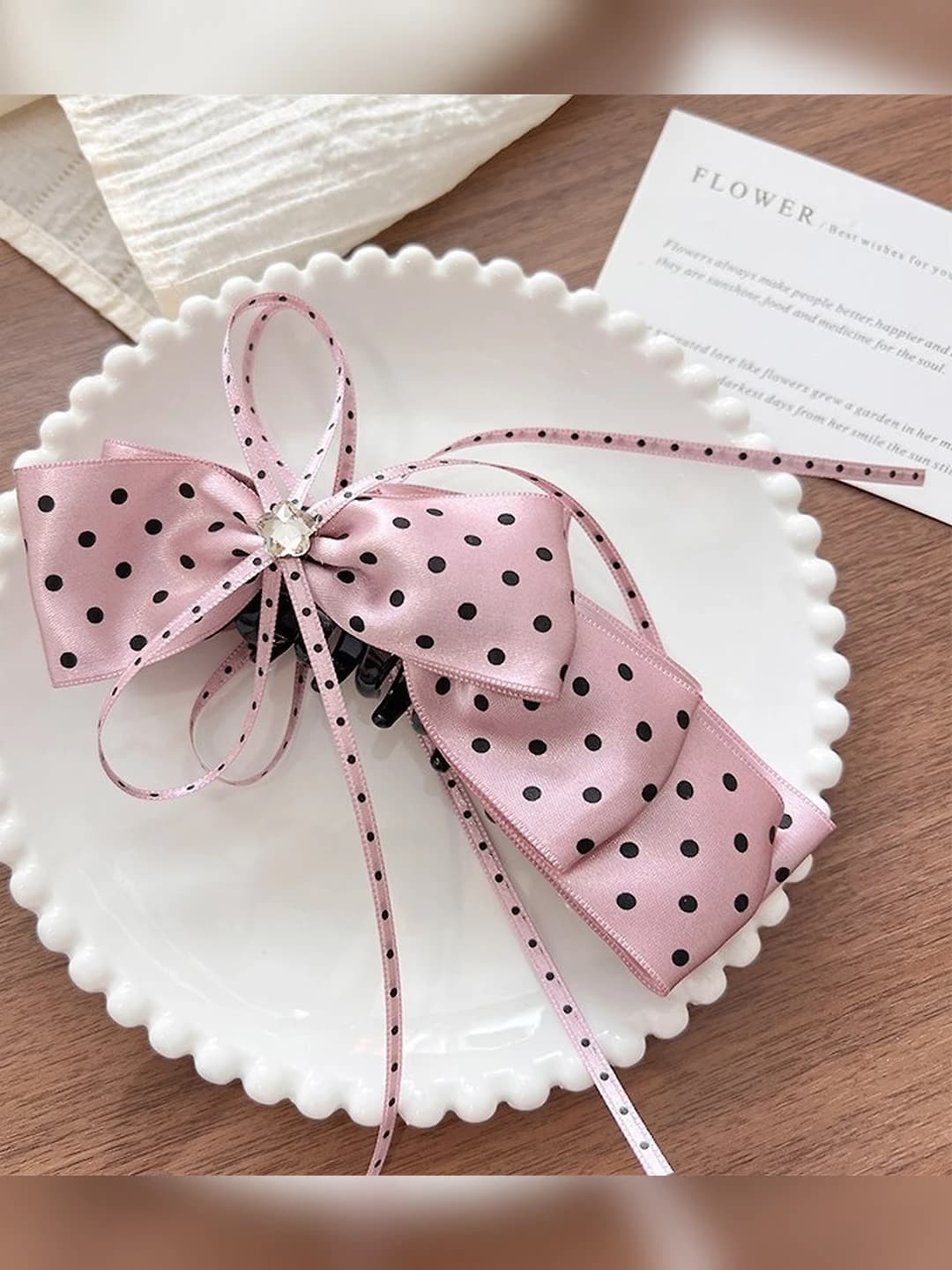 Purple polka dot banana clip ~13 cm, bow ~16 cm