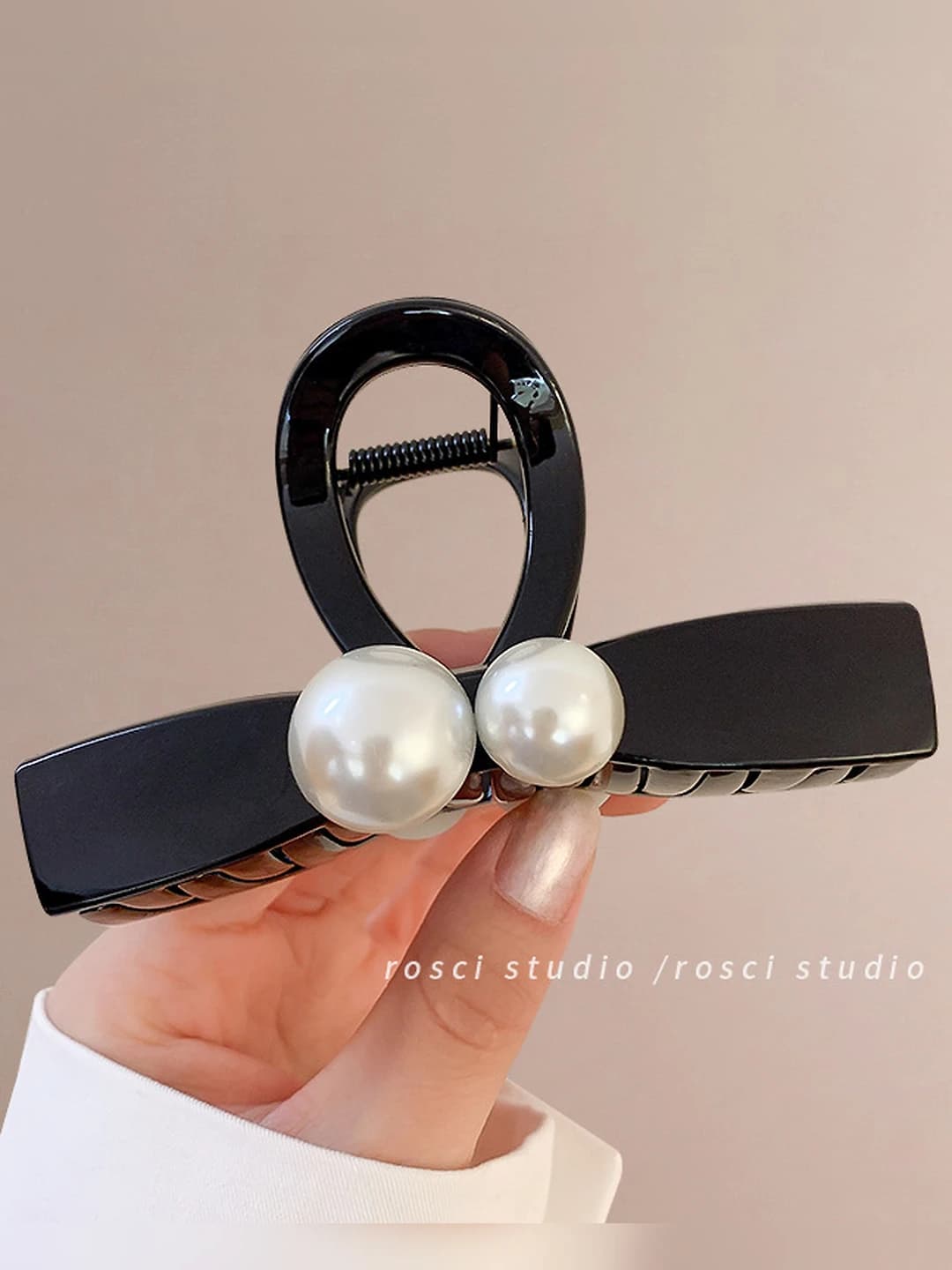Premium black white double pearl bow clip (approx. 10 cm)