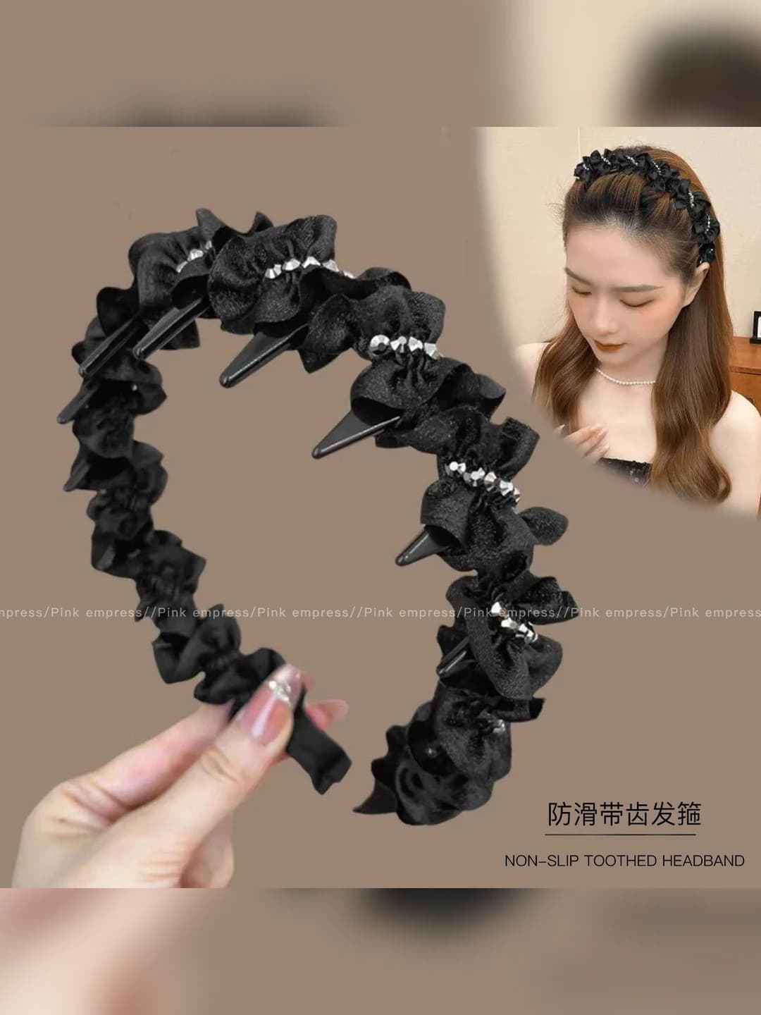 1# Ruffled crystal headband-Black*Fabric+Acrylic