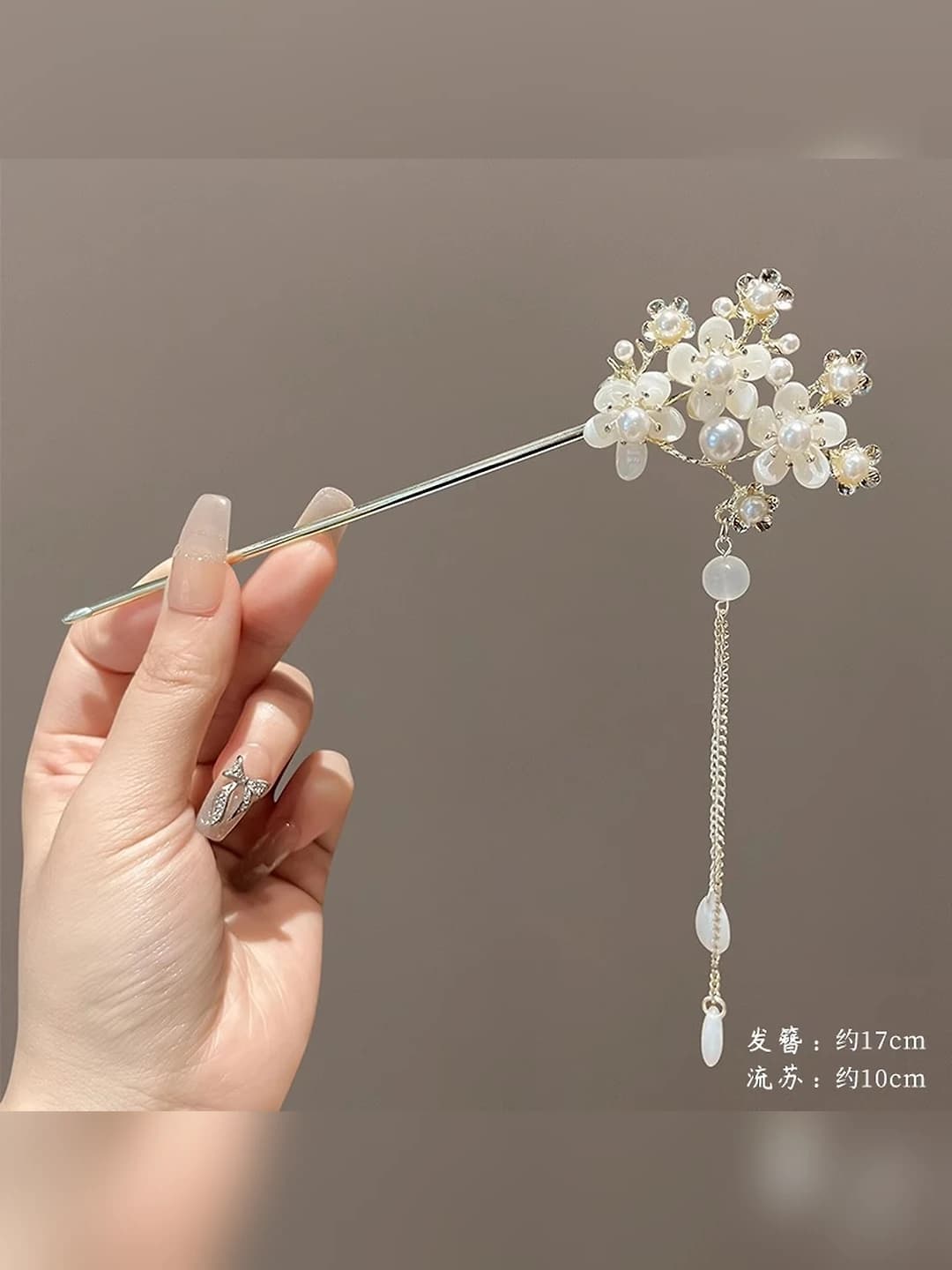 77# Three flower pearl tassel hairpin - Gold