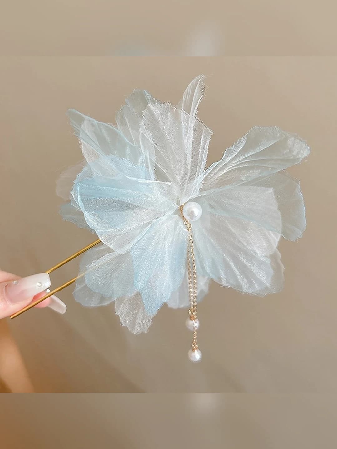 1# blue pearl flower hairpin, 13cm