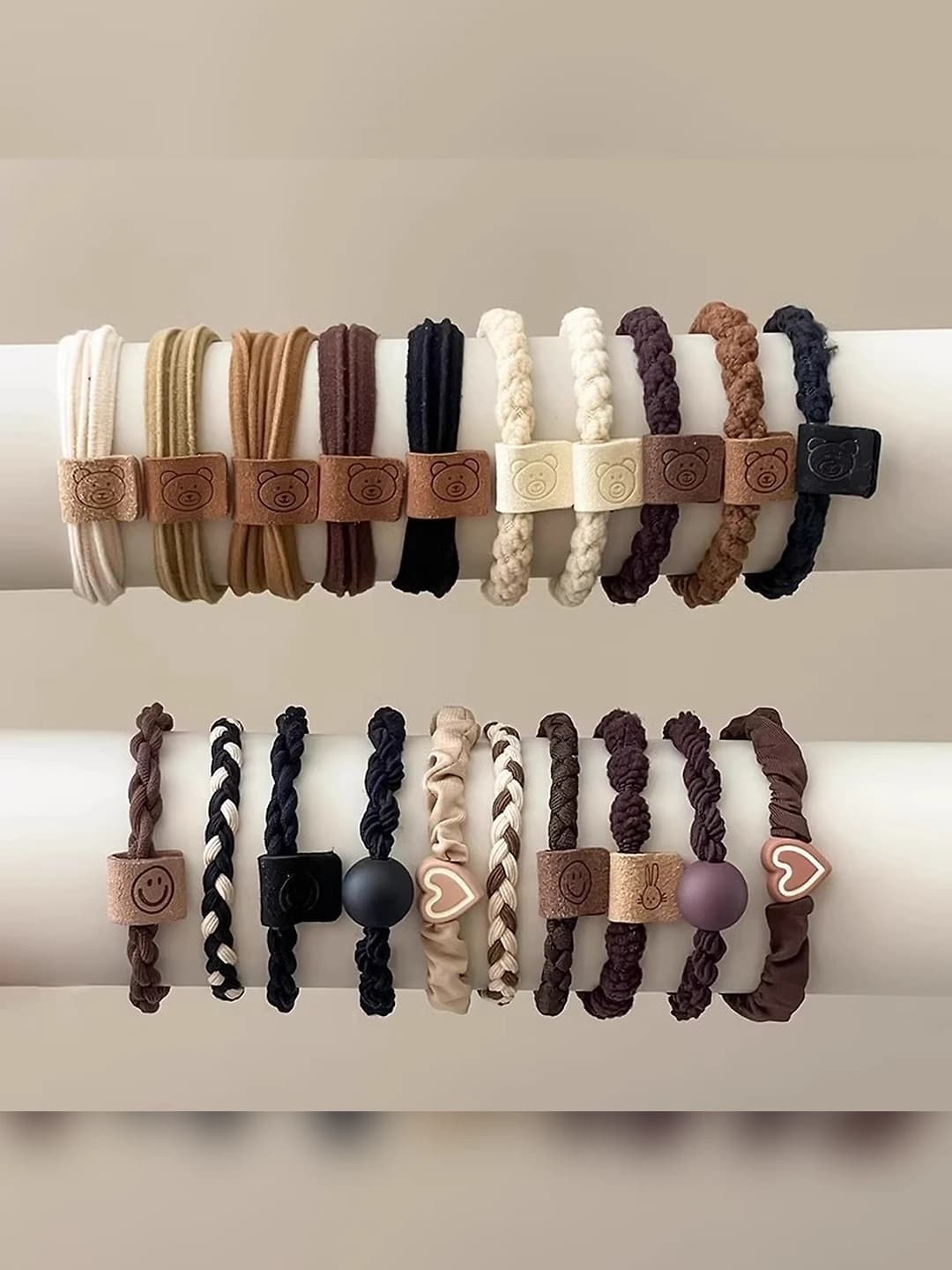 Women's hair ties: coffee color, bear design element, korean style, high stretch, mixed material, handmade