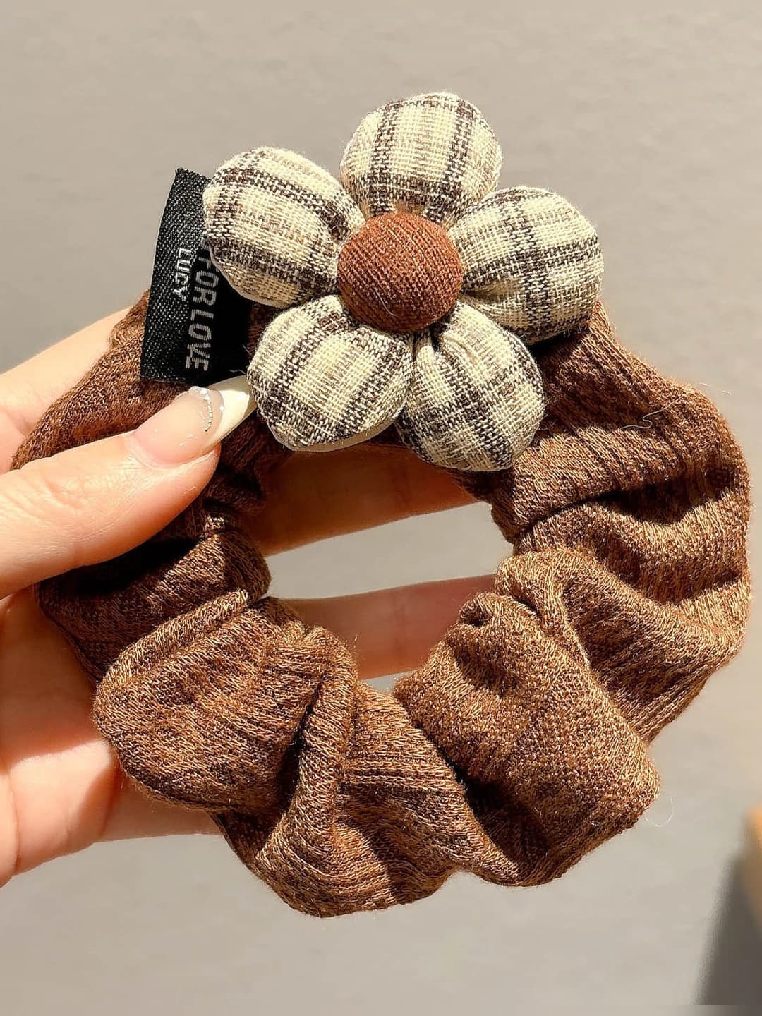 Dark coffee floral scrunchie ~10 cm, flowers ~5.5 cm