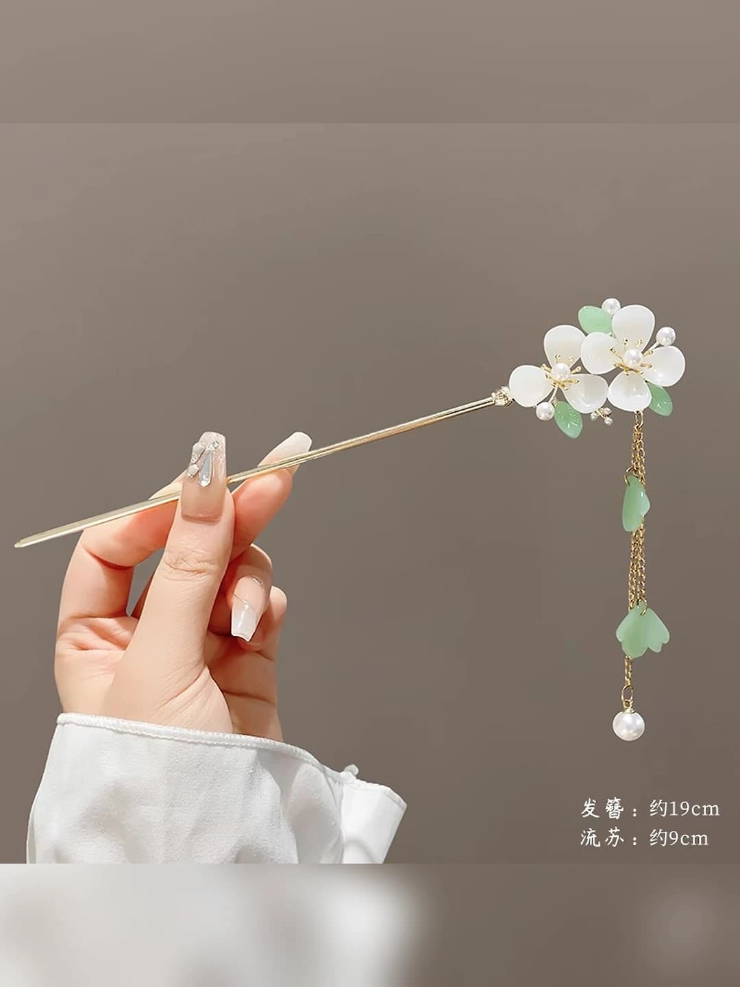 96# White magnolia double tassel hairpin - Gold (bagged)
