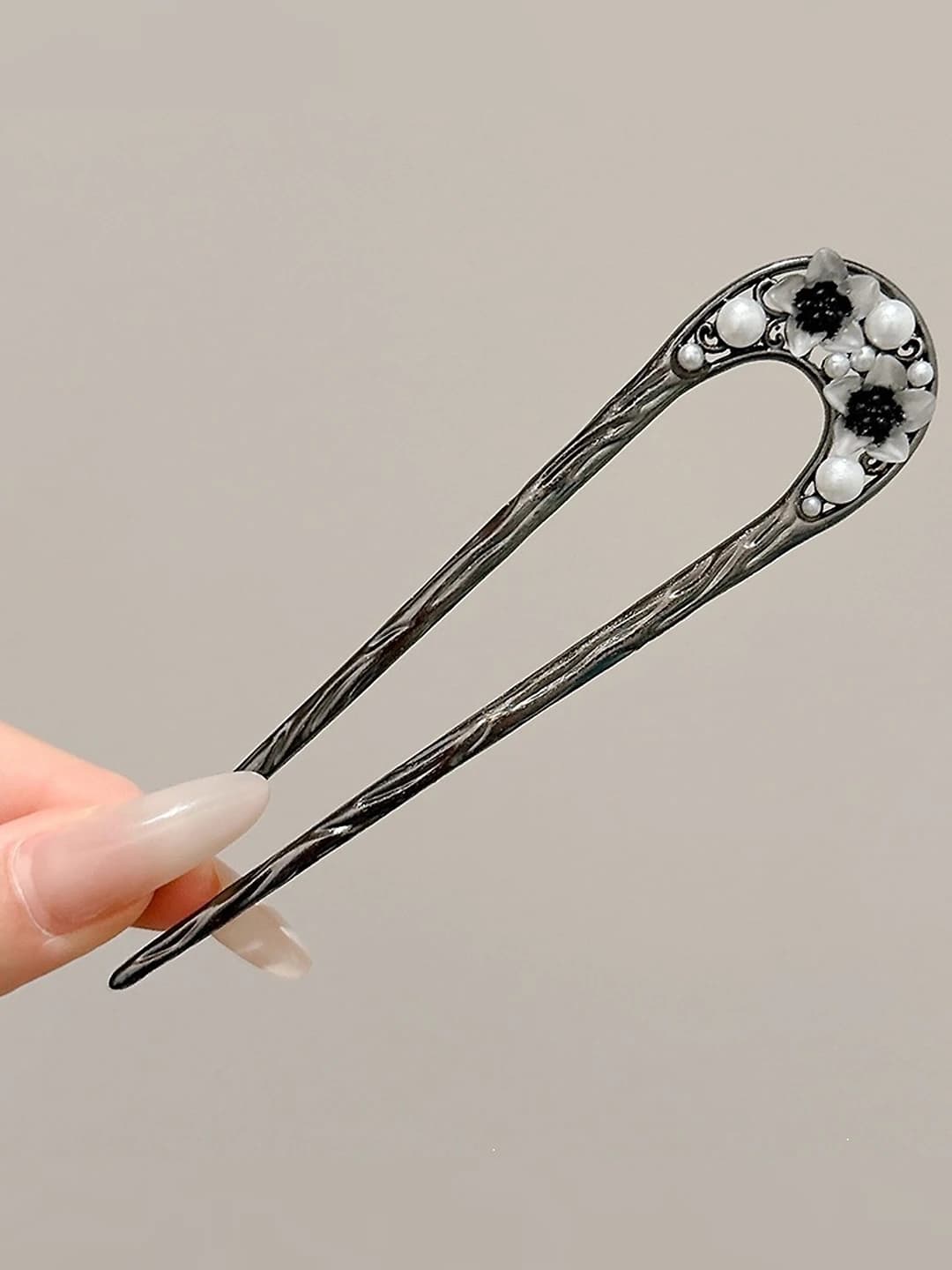 3# Black flower U-shaped hair pin ~12.5 cm
