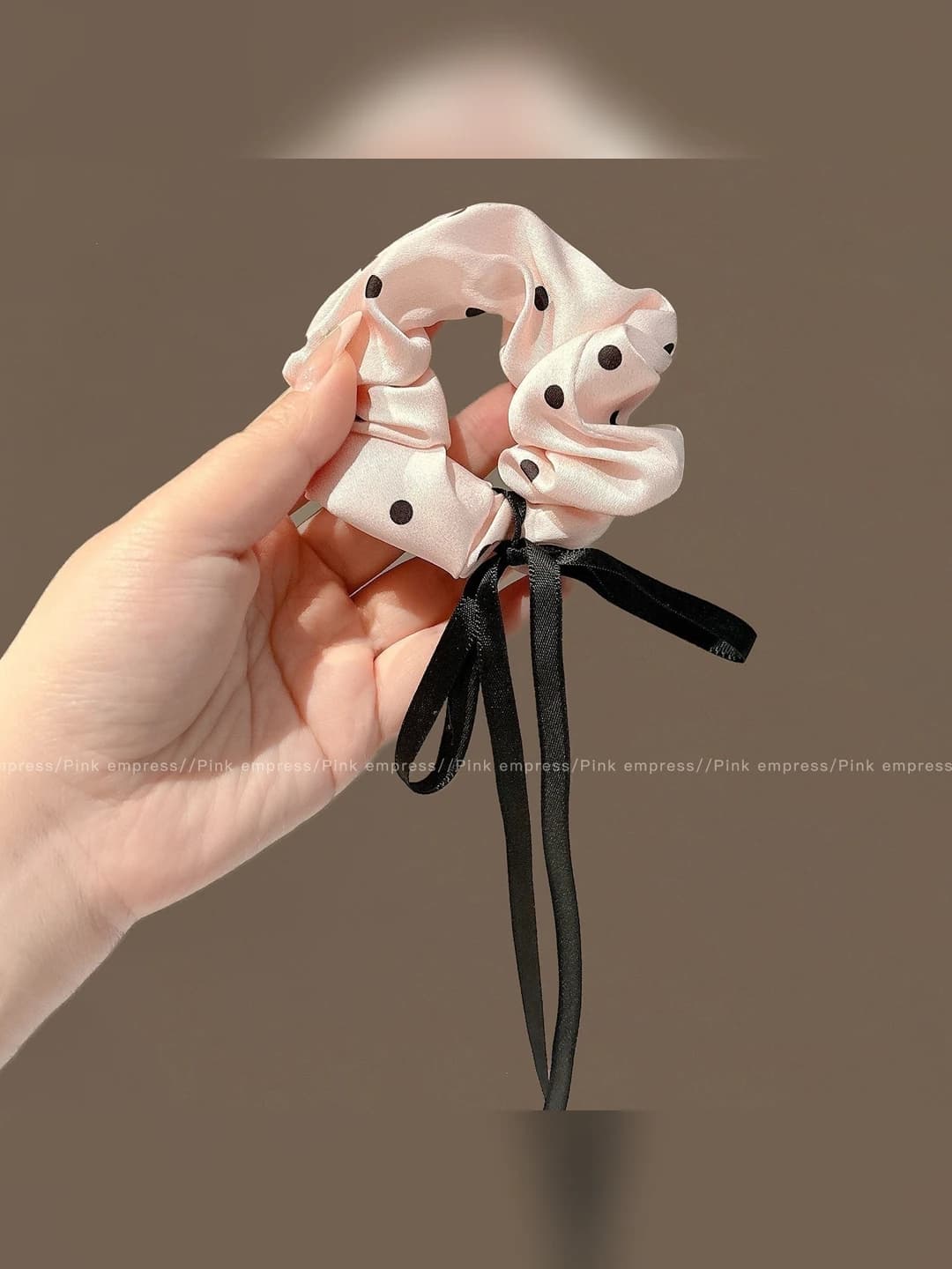 2# Polka dot pink bow ribbon hair tie - ~10 cm