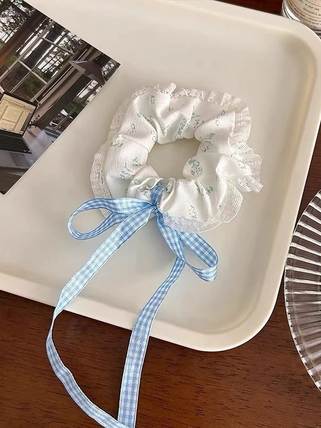 6# Blue plaid, bow, lace scrunchie ~10 cm