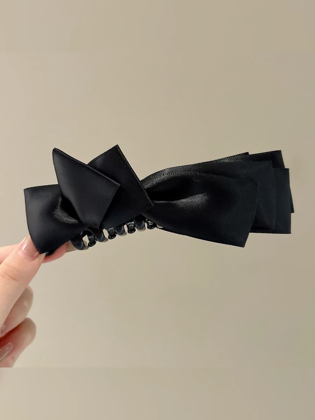 1# Black satin banana clip - base ~13 cm, bow ~15.5 cm