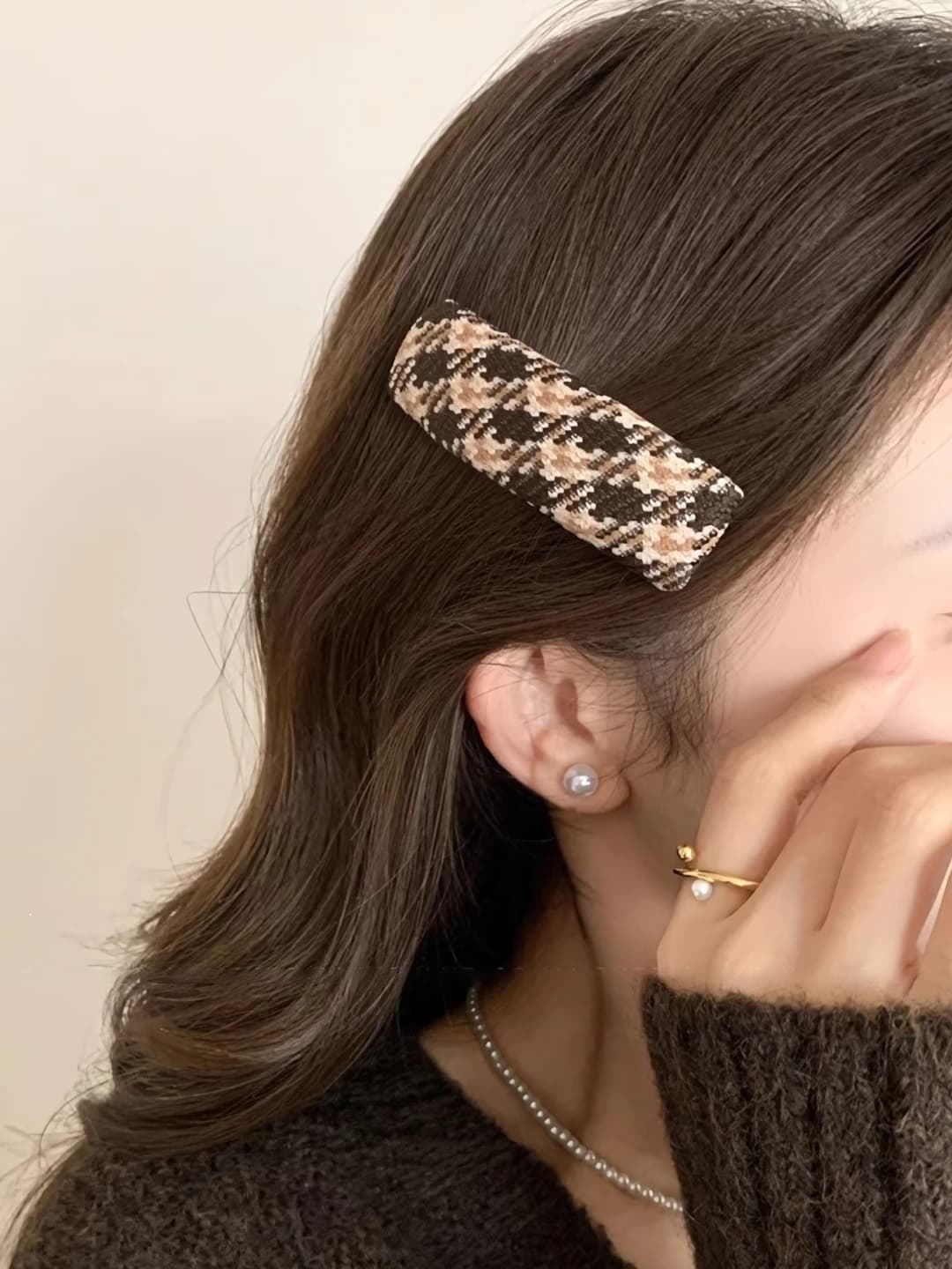 1# Coffee plaid hair clip 8 cm