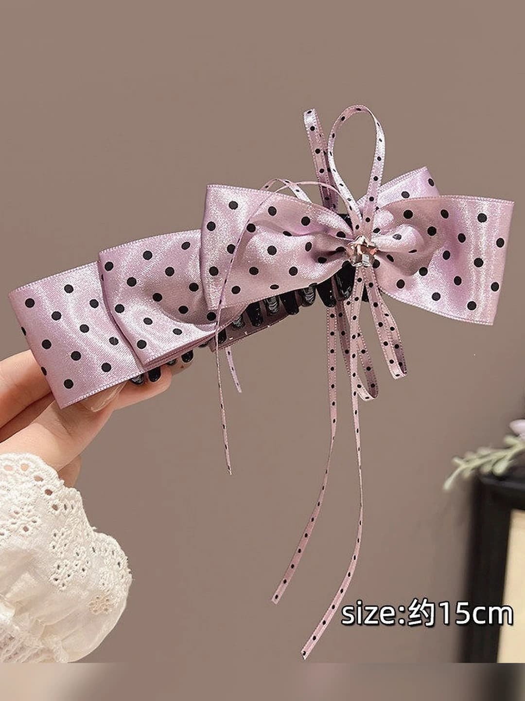 Purple polka dot banana clip ~13 cm, bow ~16 cm