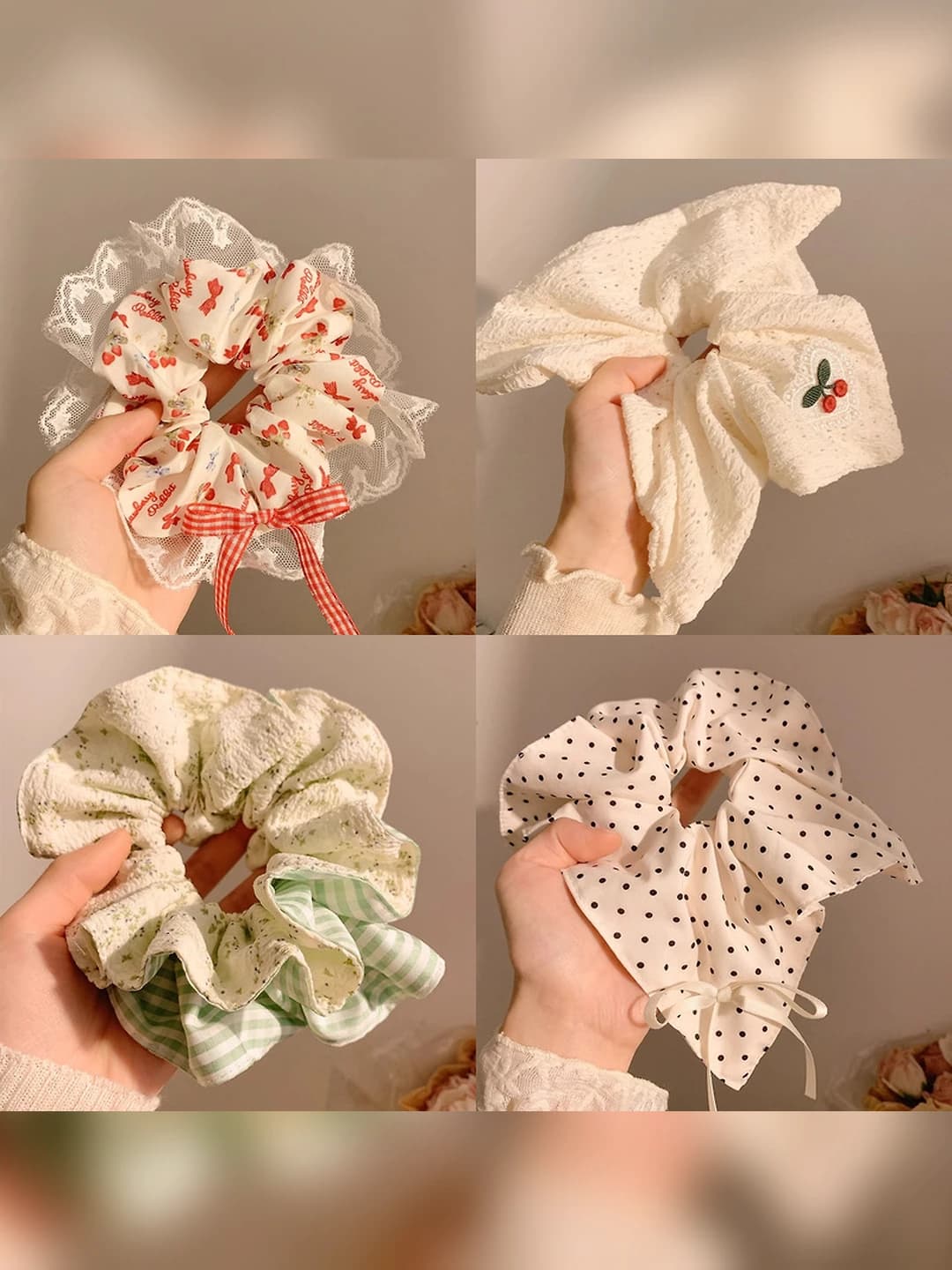 Women's stretch fabric scrunchie hair tie in Korean style with polka dot pattern, high elasticity