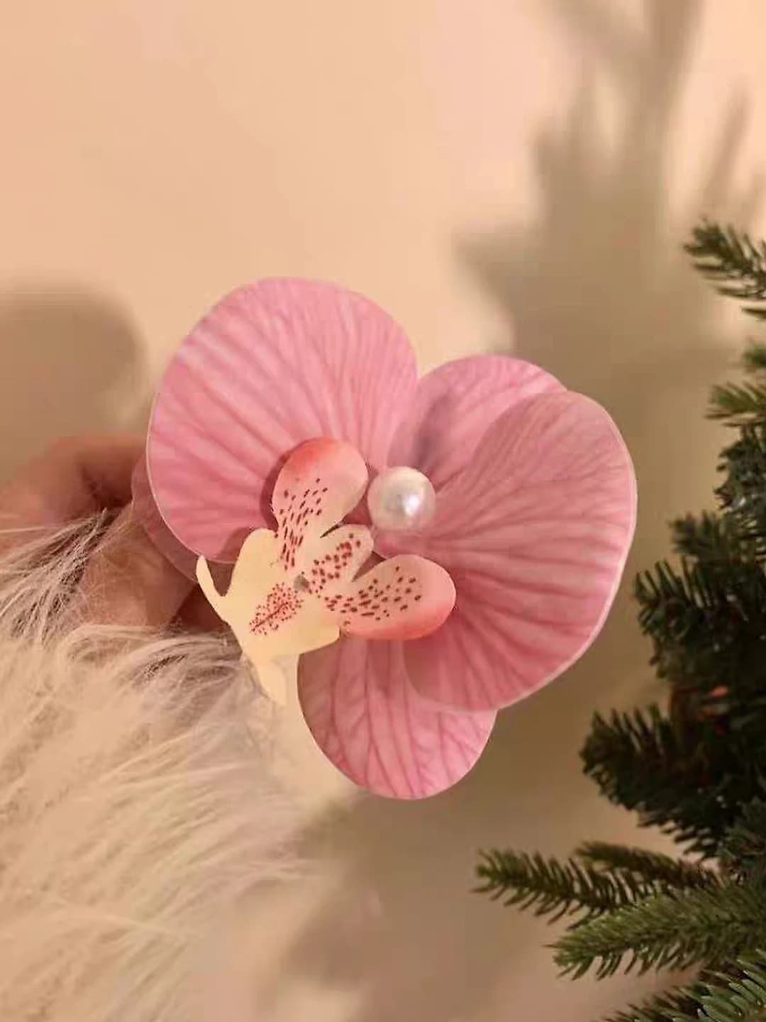 Pink butterfly orchid pearl clip