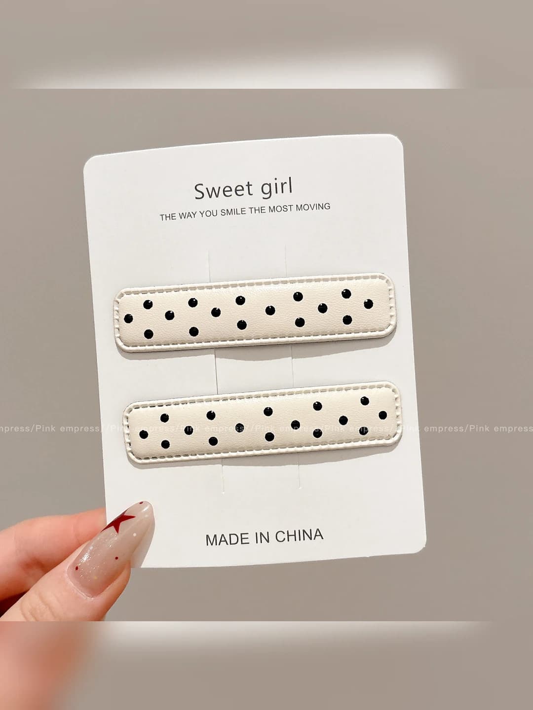 3# White polka dot rectangle pair hair clips approx 7.5 cm