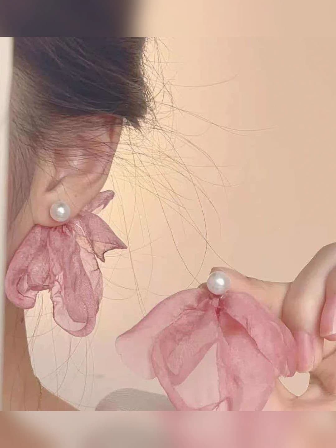 1# Sheer chiffon floral earrings [Pink]