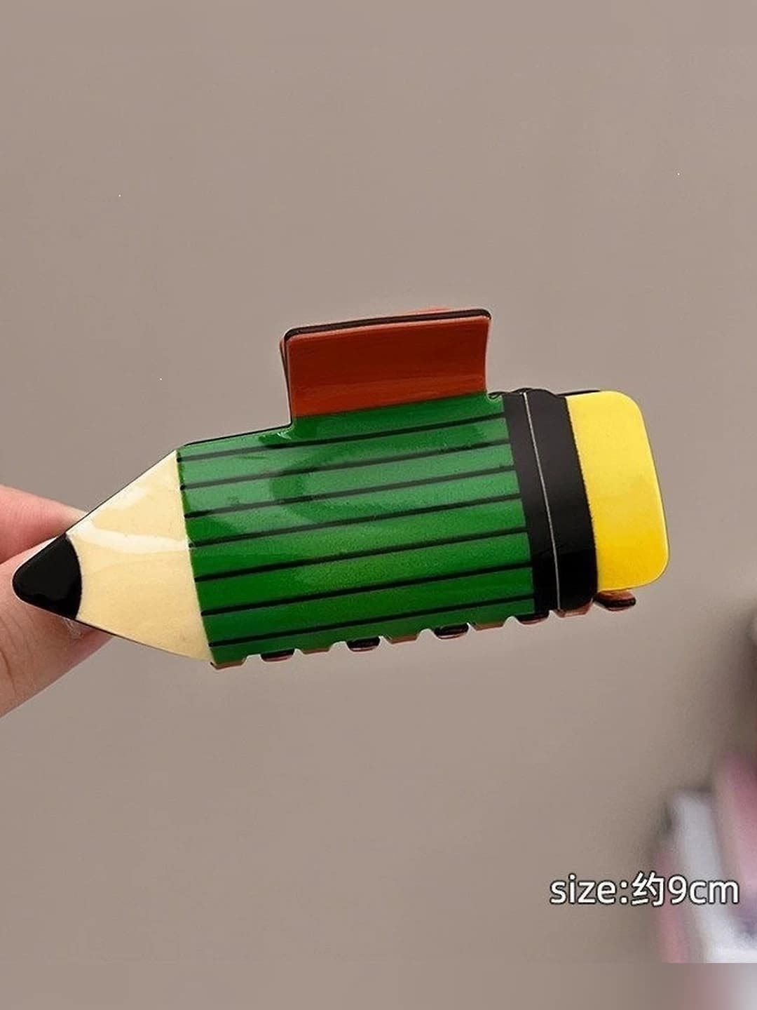 1# Green striped pencil hair clip ~9 cm