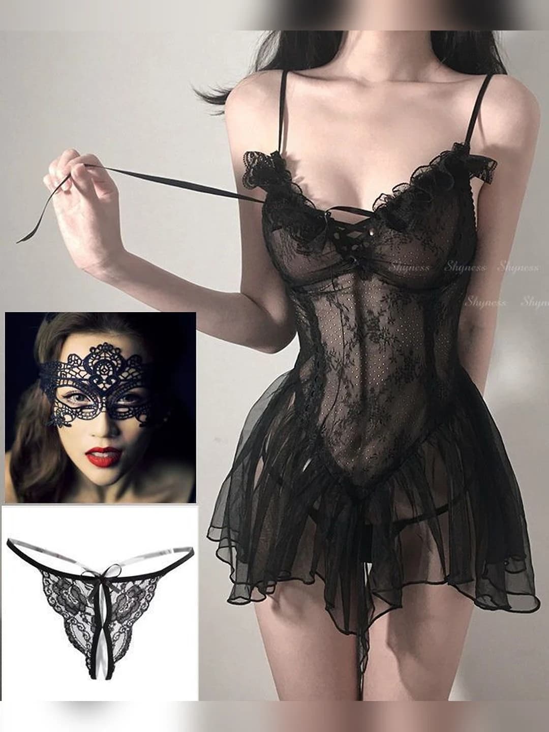 Black nightgown + T-briefs + mask + mystery gift