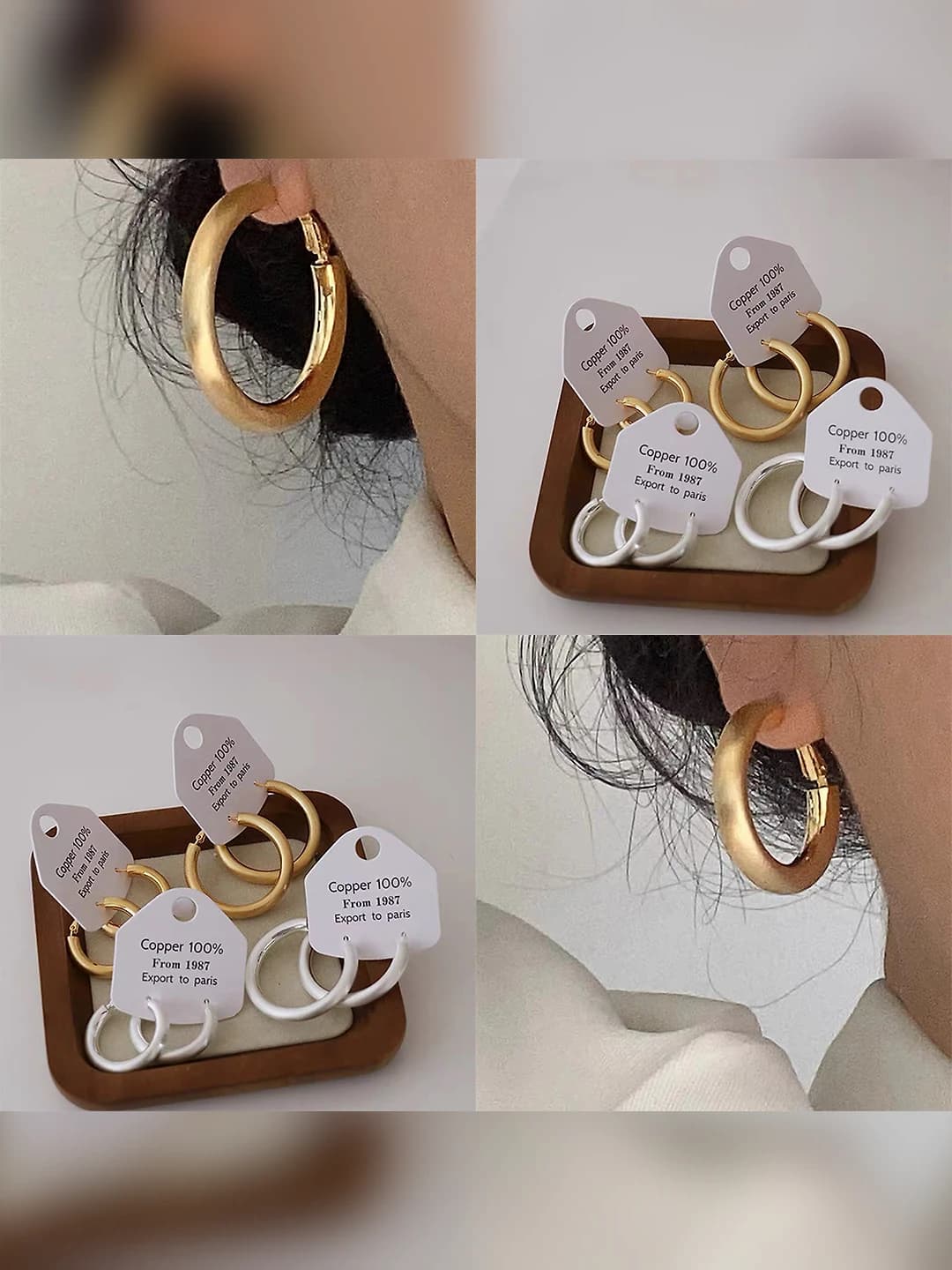 Women's geometric copper hoop earrings with 18k gold and silver plating