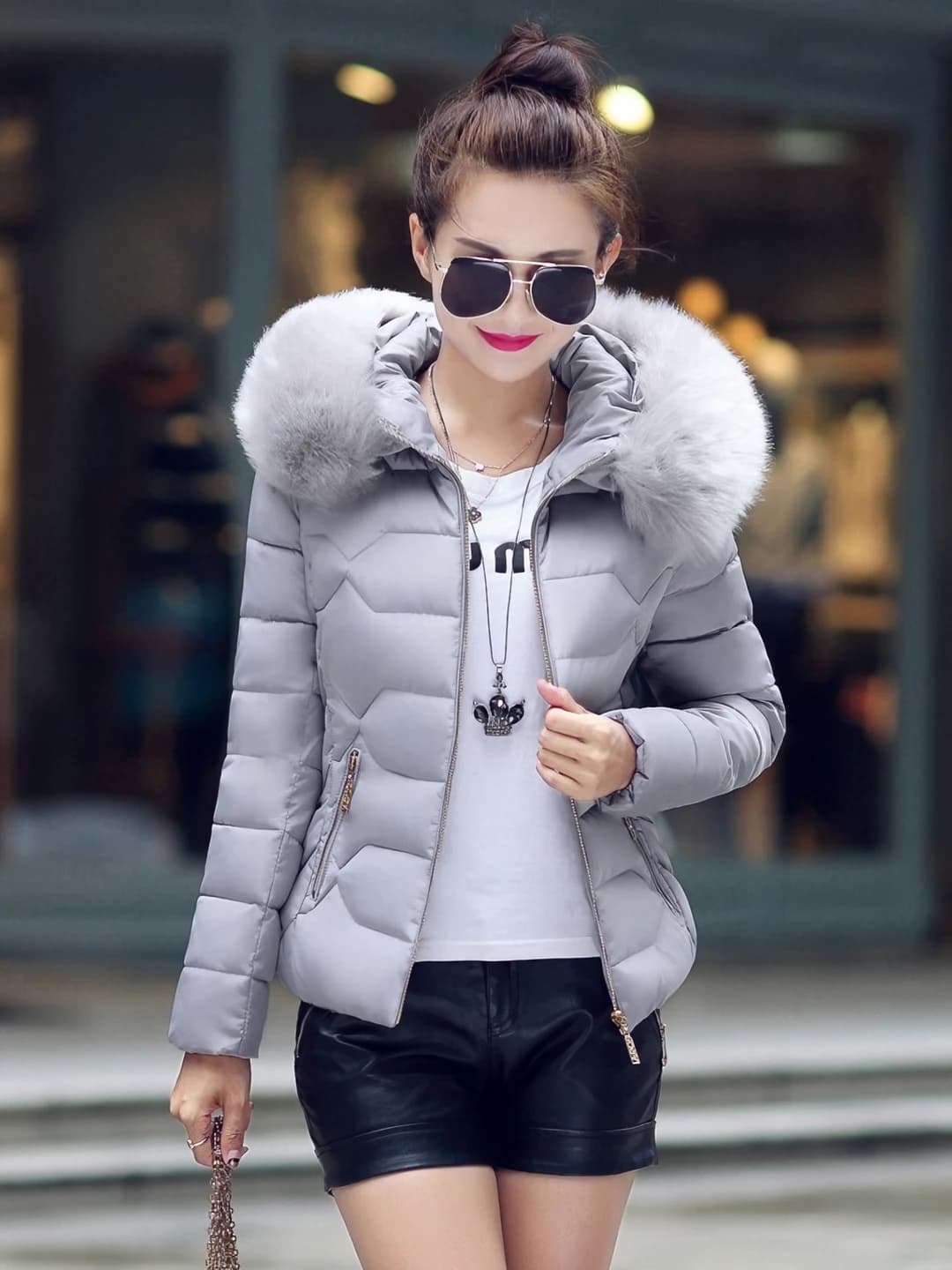 Women's autumn-winter down jacket: down-alternative fill, plus size, slim fit, long sleeve, zip, solid colour, cropped, with collar