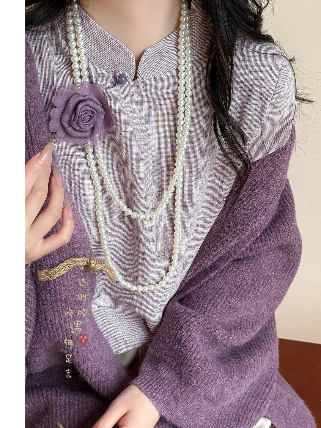 Women's short pearl necklace with purple flower, autumn-winter accessory for sweater
