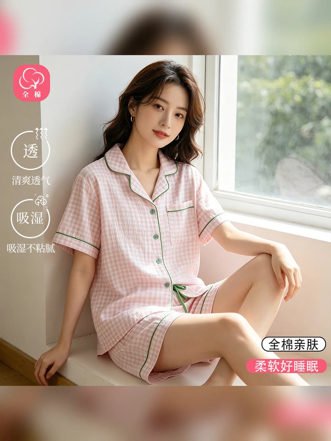 Women's pure cotton pajama set with lapel collar and short sleeves, thin, summer, breathable, loungewear
