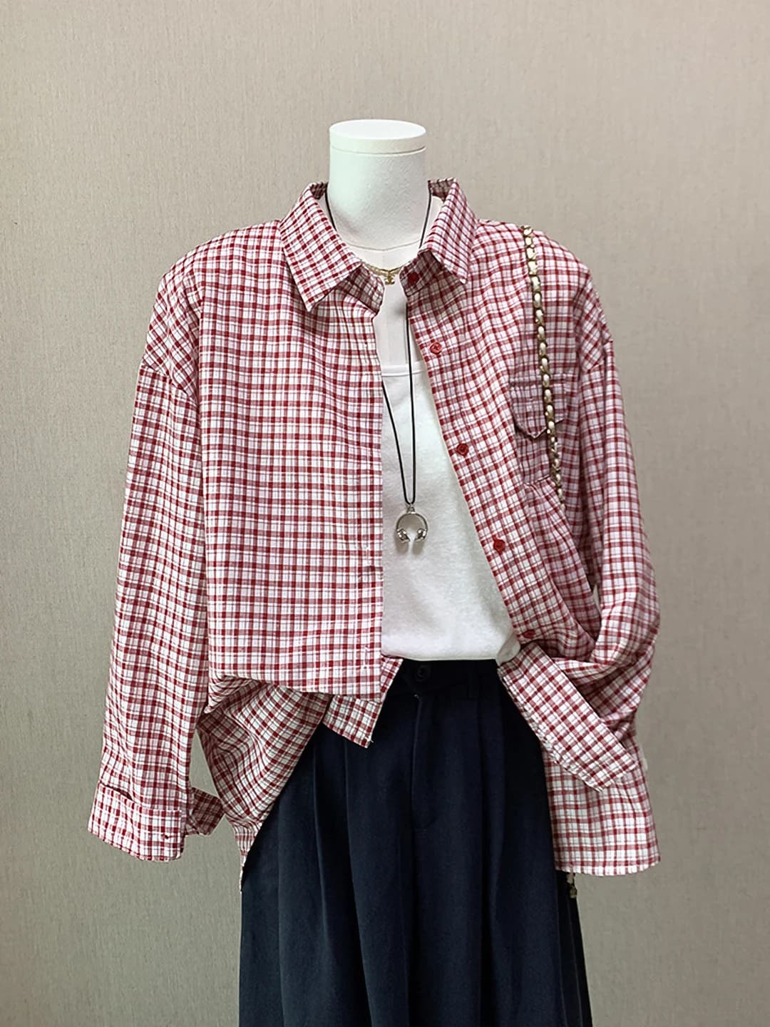 Women's 2026 autumn Korean style casual checked long sleeve shirt and tank top set