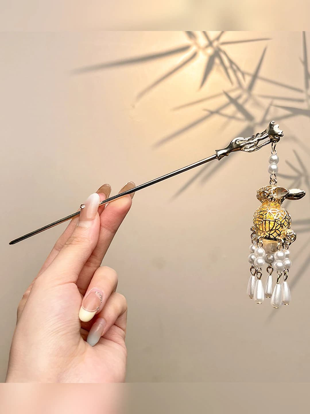 38# Gold jade rabbit hairpin [White] with light, 17.3 cm