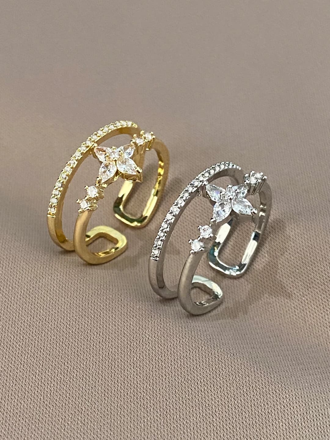 Women's two-layer star ring with stones, open, geometric design element, copper, ins style