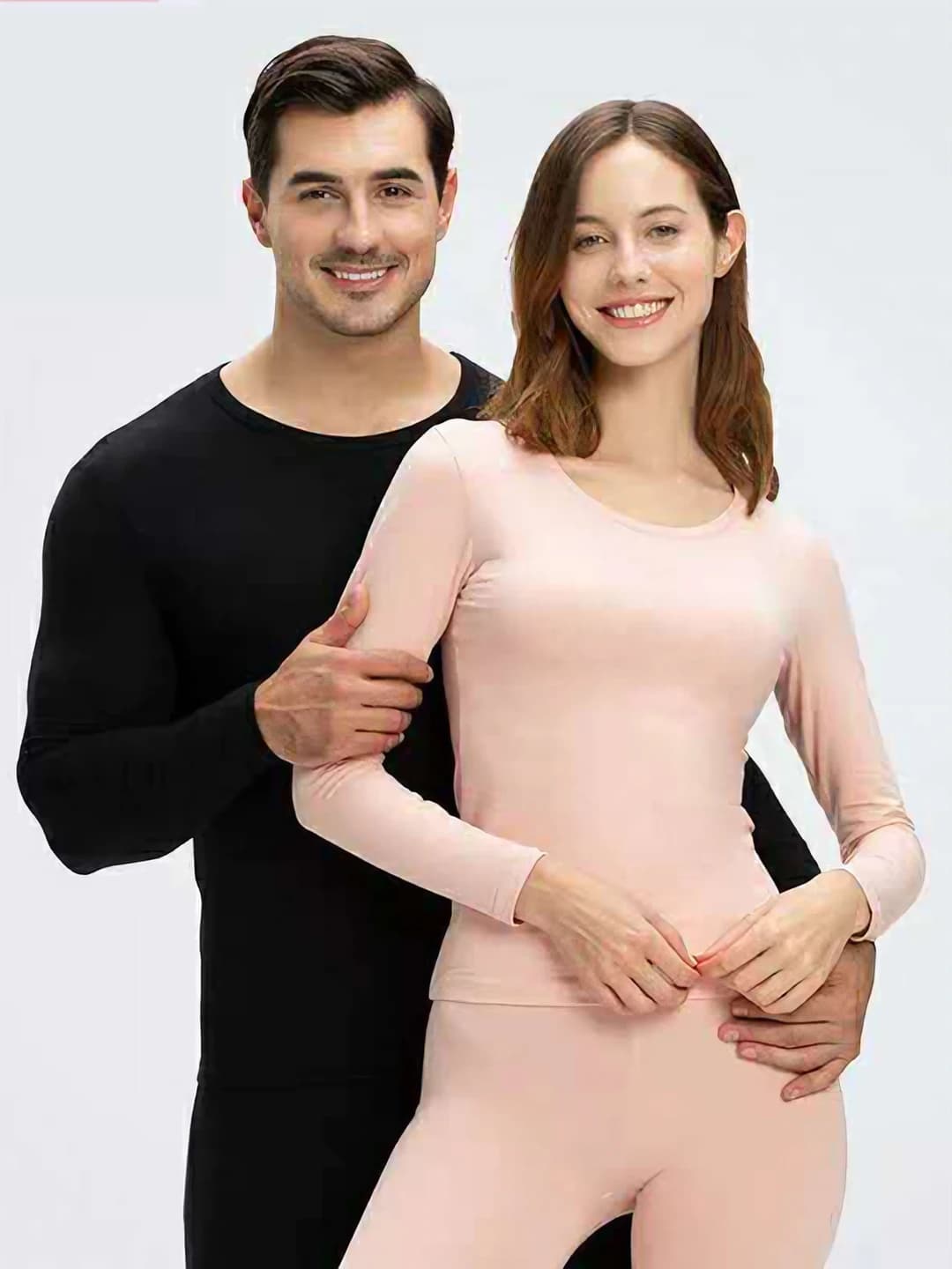 Women's autumn-winter thermal underwear set, thin, warm, fleece-lined, long sleeve, trousers, crew neck, solid colour