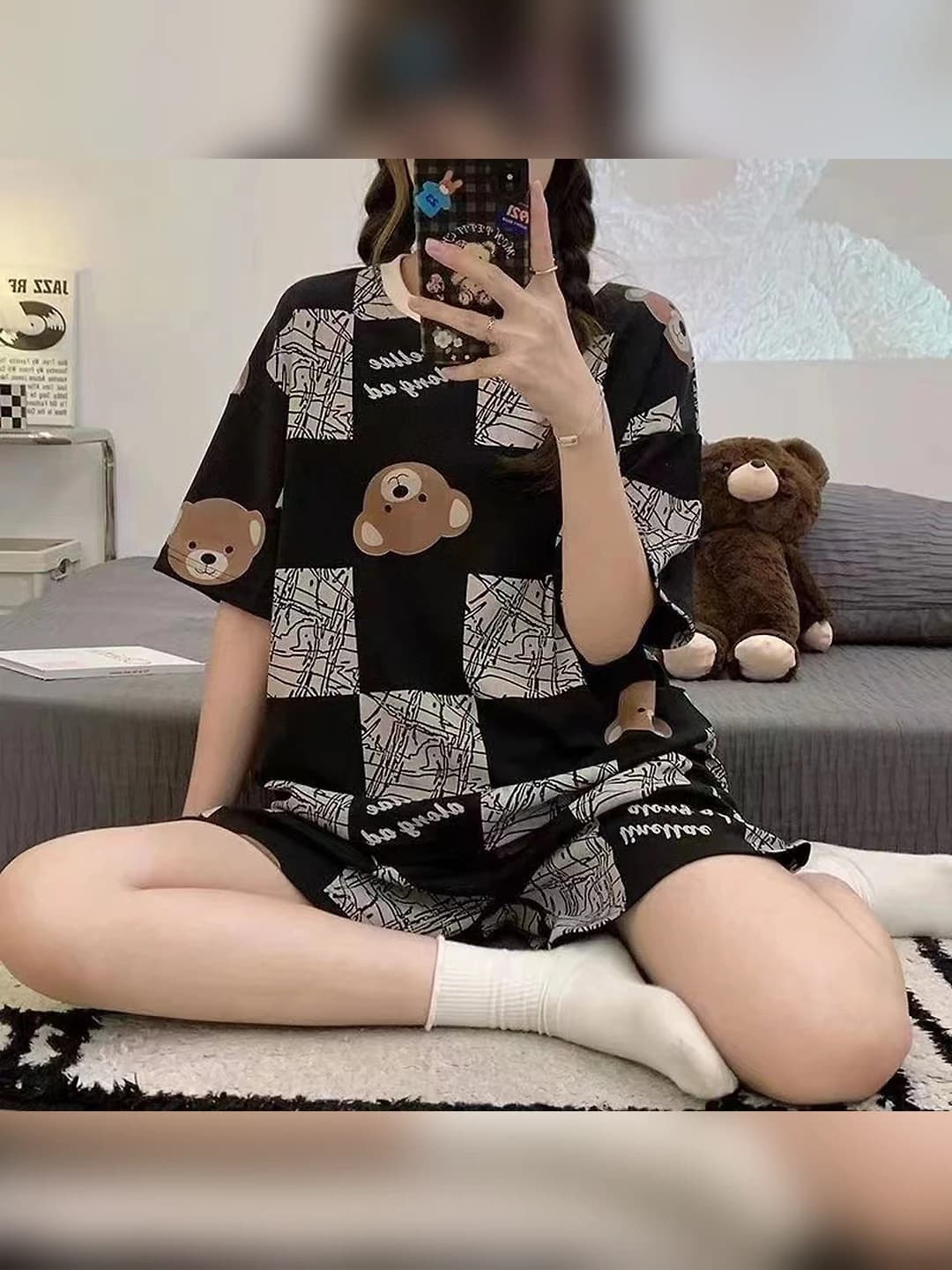 Ayollar uchun yozgi pijama to'plami: kalta yengli ko'ylak va shorti, yupqa, dumaloq yoqa, elastik, havo o'tkazuvchan, katta o'lcham, uy kiyimi