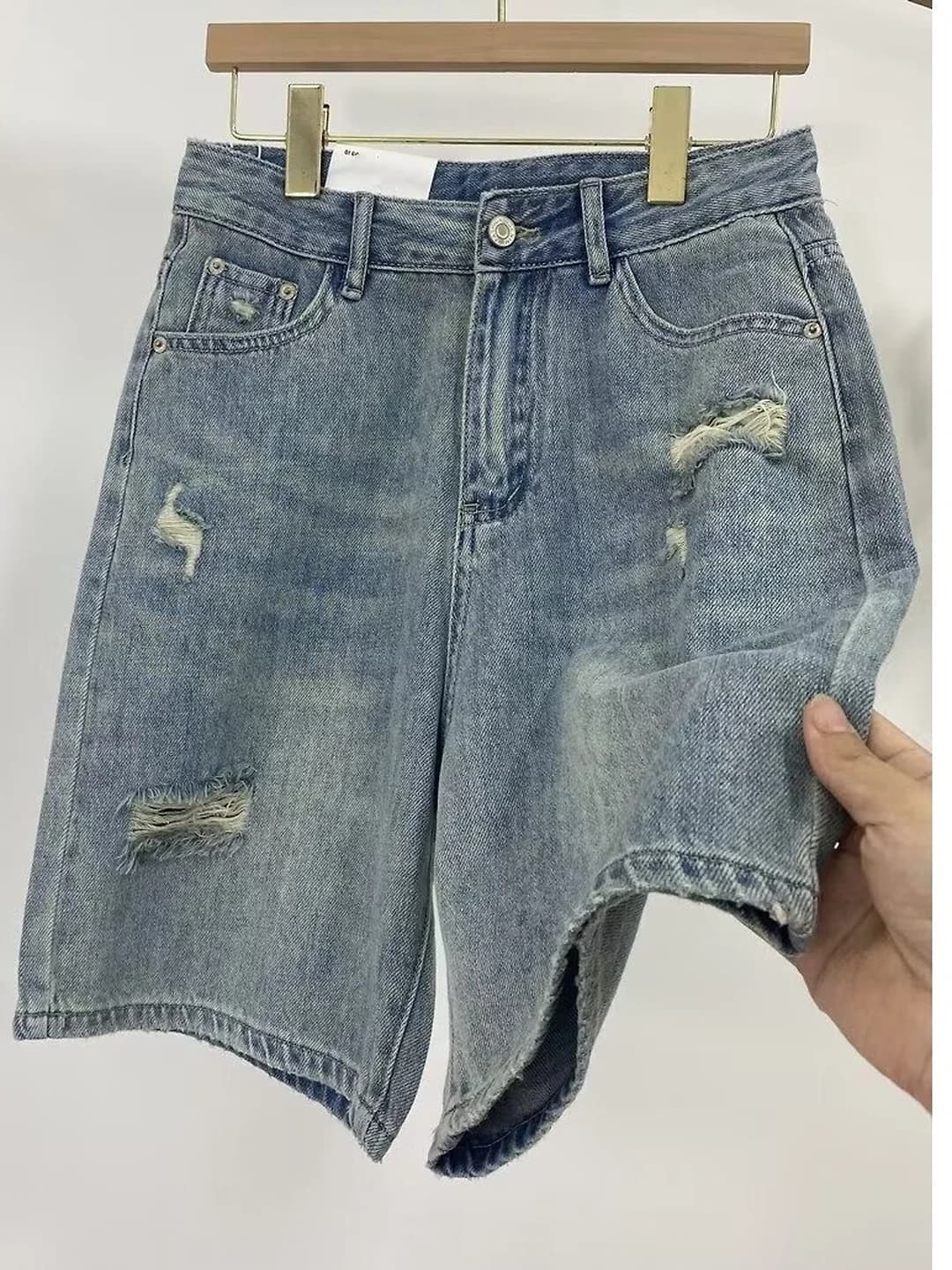 Ayollar uchun bahor-yoz yirtiq-dizayn denim shorti, baland bel, A-kir, tizzagacha shorti, kundalik, retro, milliy uslub