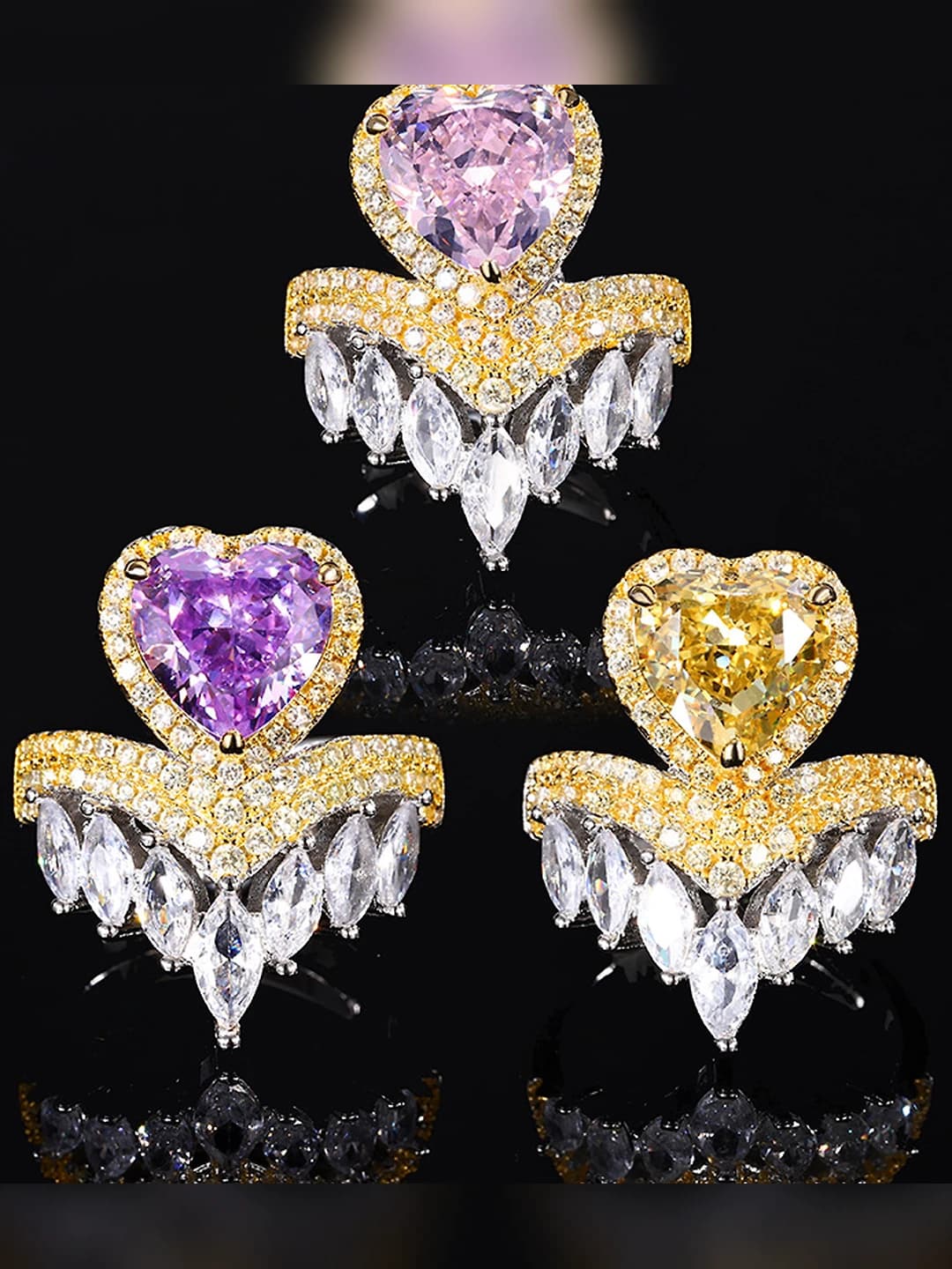 Women's ring with artificial diamond, gold plating on copper base, ice cut design in crown and heart shape