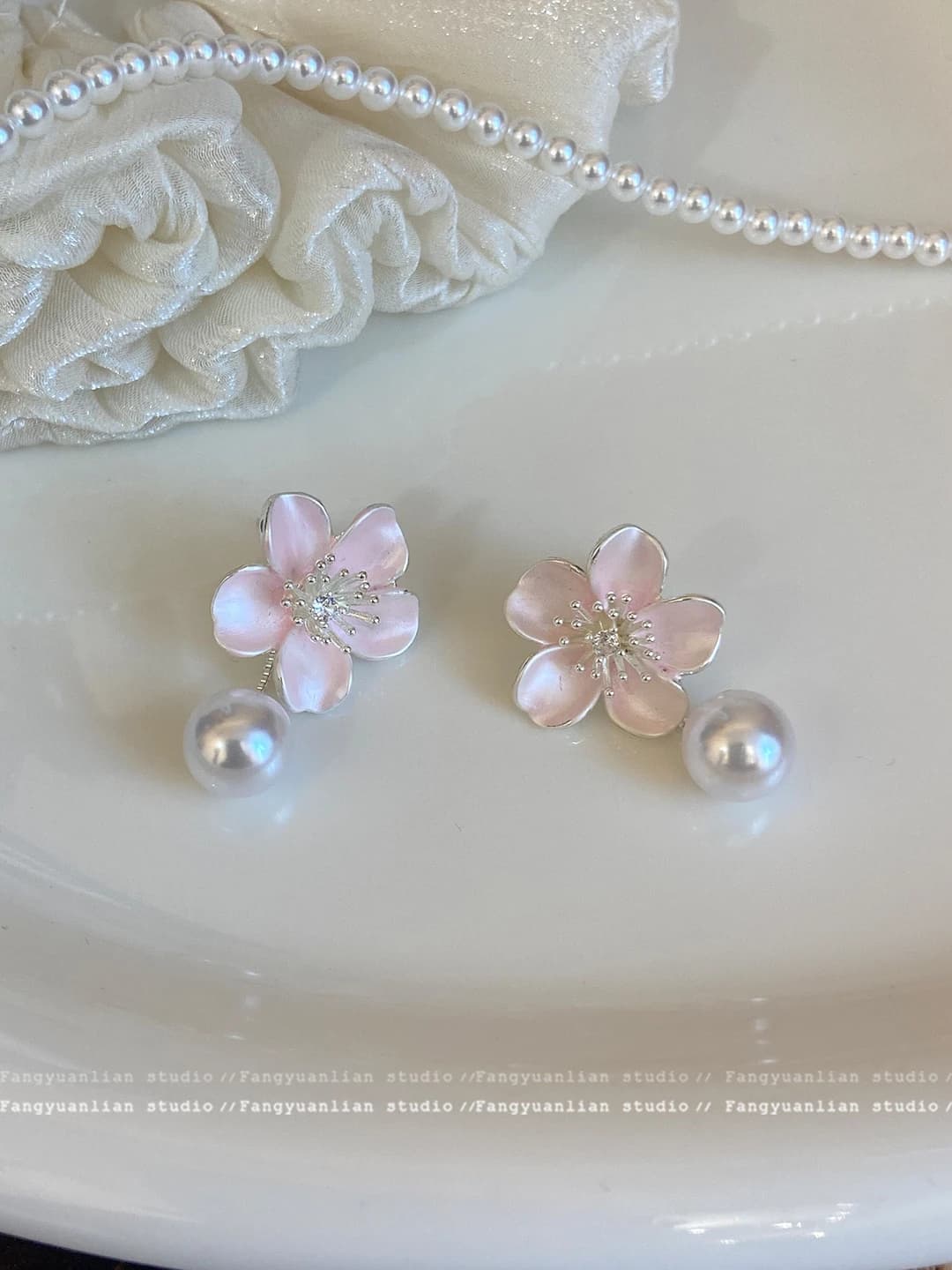 Pink floral pearl earrings