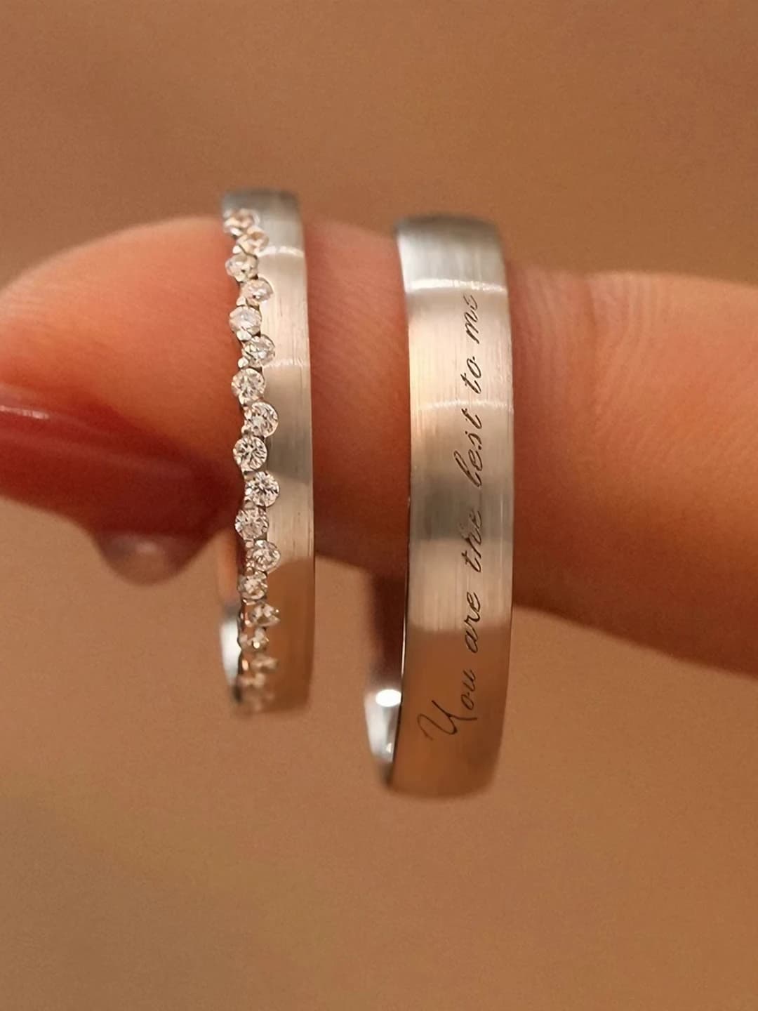 Open ring for couples with English letters, copper and zircon, stylish design