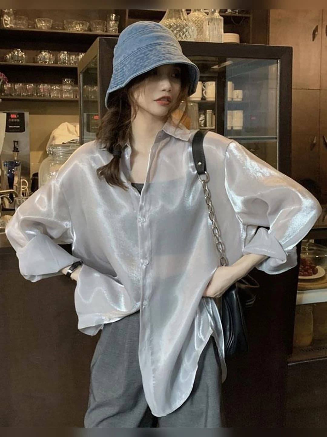 Women's long sleeve chiffon cardigan, sun-protective, breathable, thin, with glitter, summer 2026