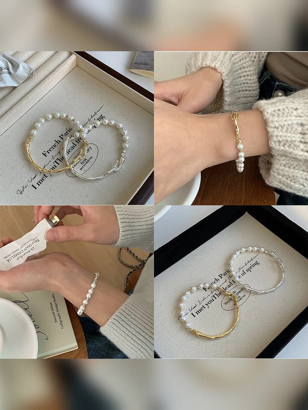 Women's retro style geometric bracelet with bright pearls and 14k thick silver plating