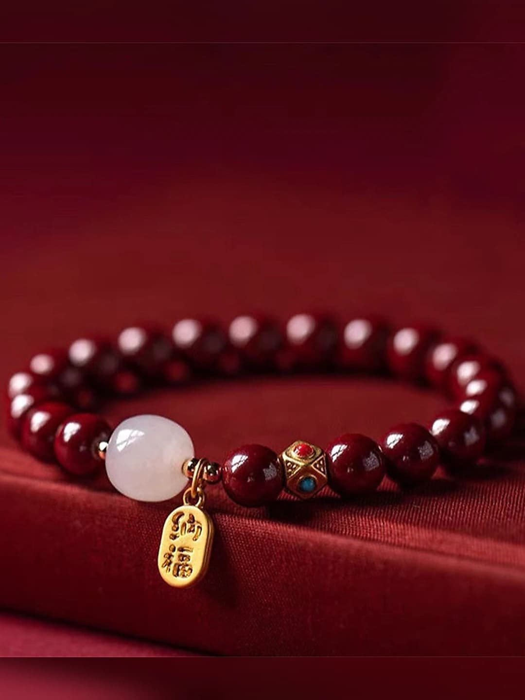 Women's glass bracelet with cinnabar and jade, handmade, nature style, luck and fortune symbol