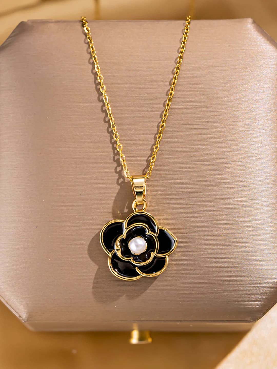 Women's Korean style retro camellia flower pendant necklace with pearl drop, titanium steel chain