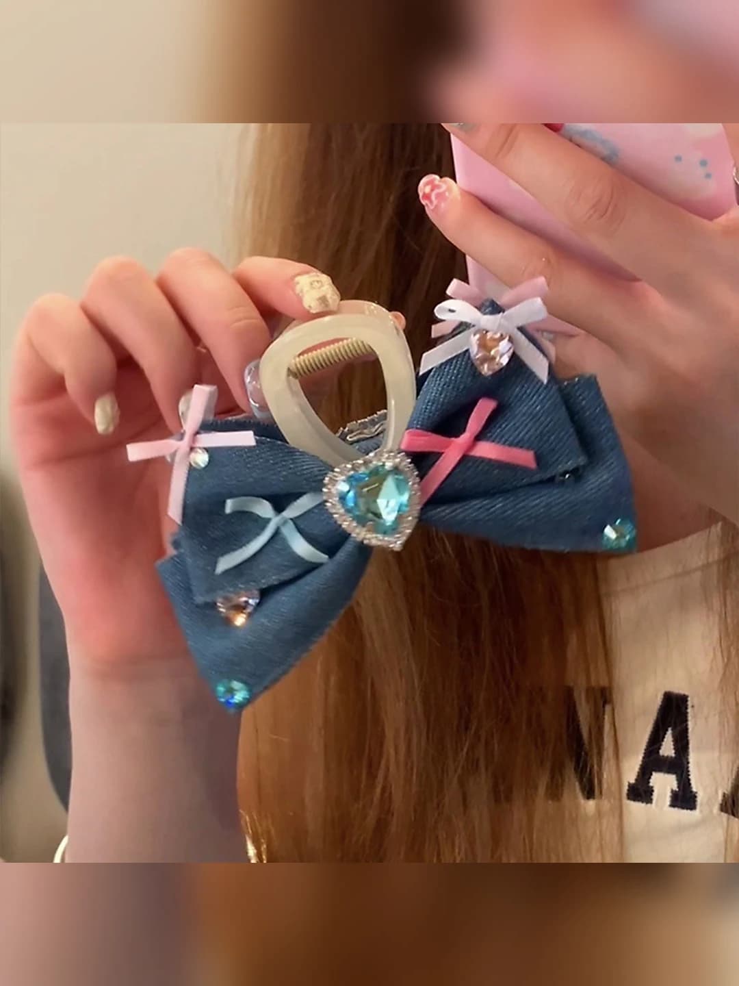 Women's handmade denim hair claw clip with blue rhinestone heart, bow and five-pointed star