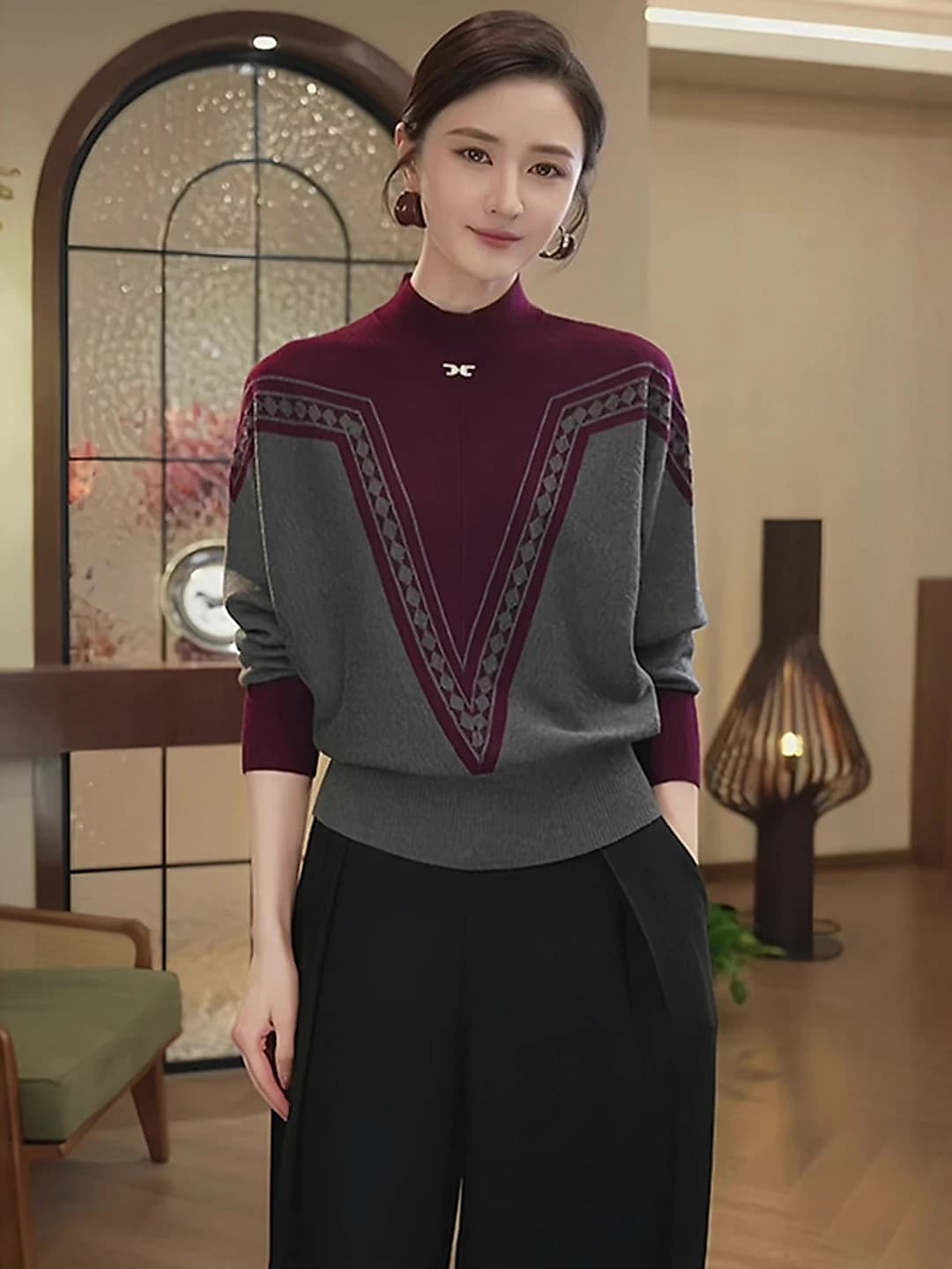 Women's autumn-winter 2026 mock neck thickened loose fit long sleeve sweater