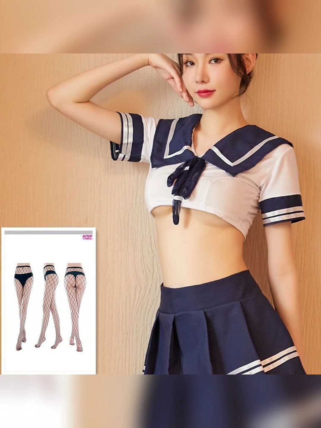 323 school uniform + skirt + large fishnet stockings