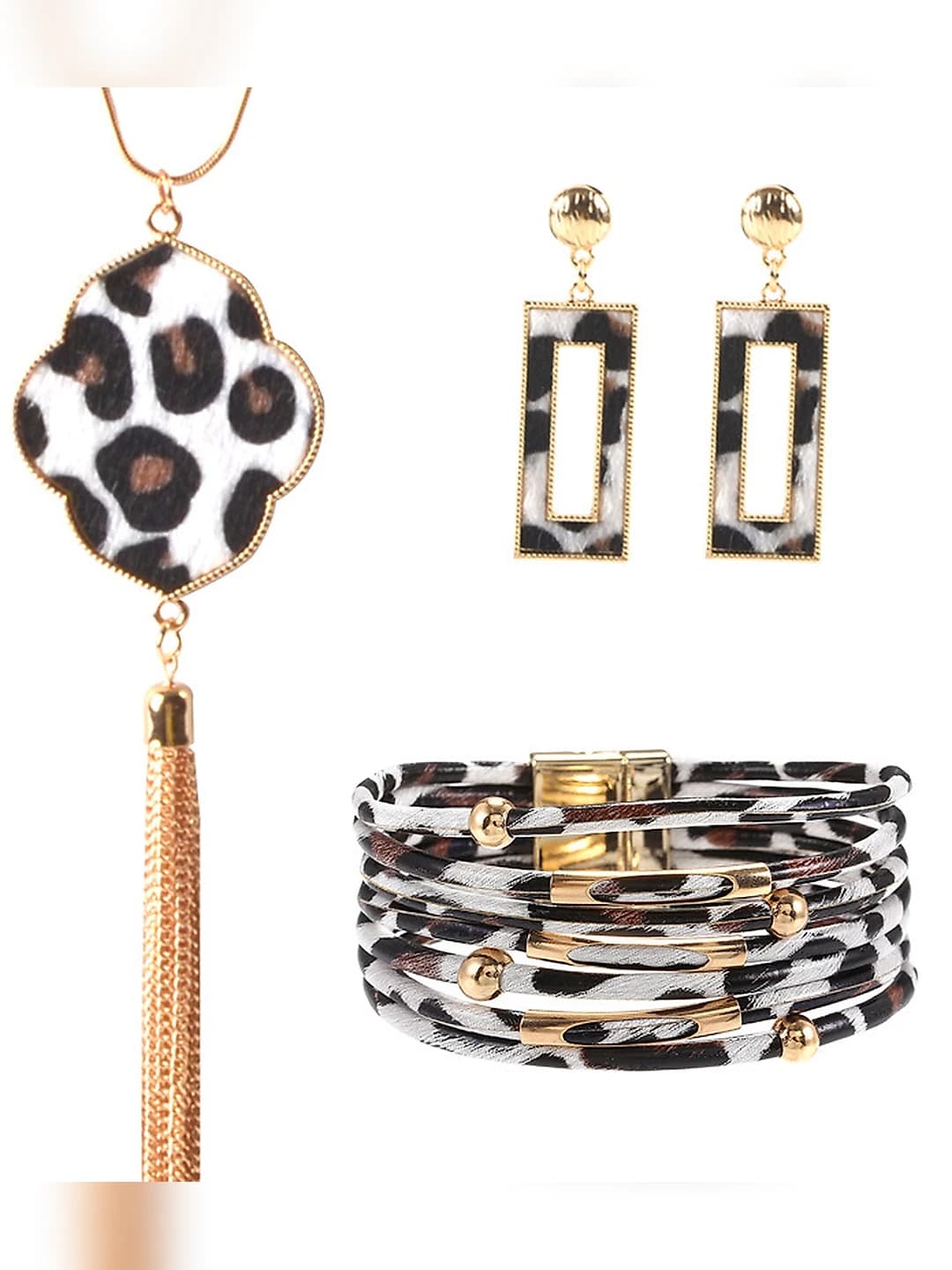 Women's leopard-print jewelry set: necklace, earrings, and bracelet (alloy, gold-plated)
