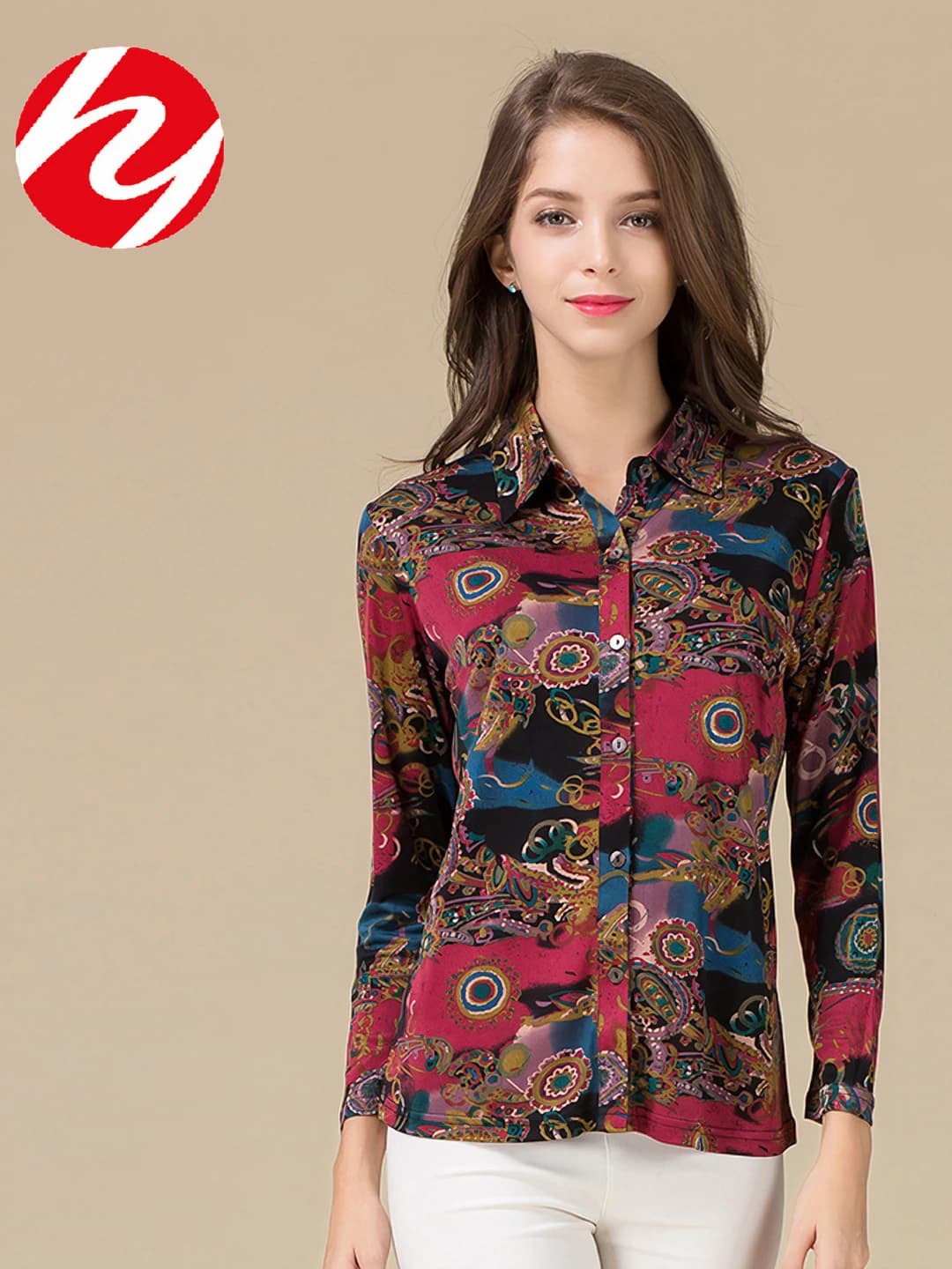 Women's autumn printed silk blouse, long sleeve, lapel collar, loose fit